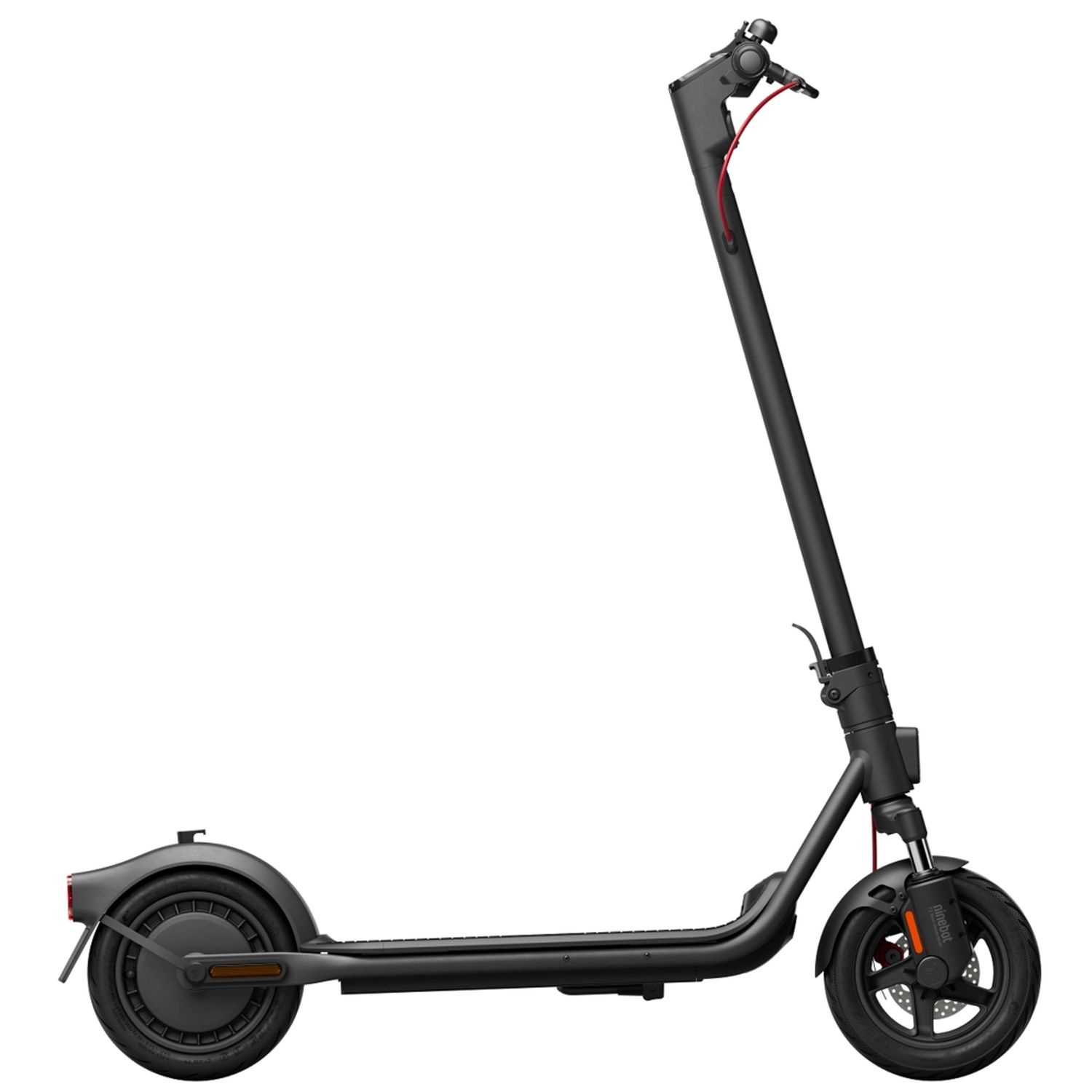 Black scooter with a red cable and lights. Side view.