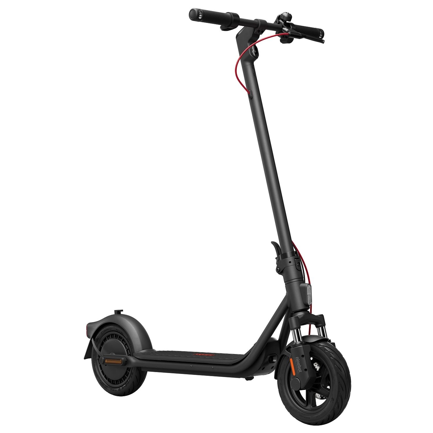 A black electric scooter with red cable and white background.