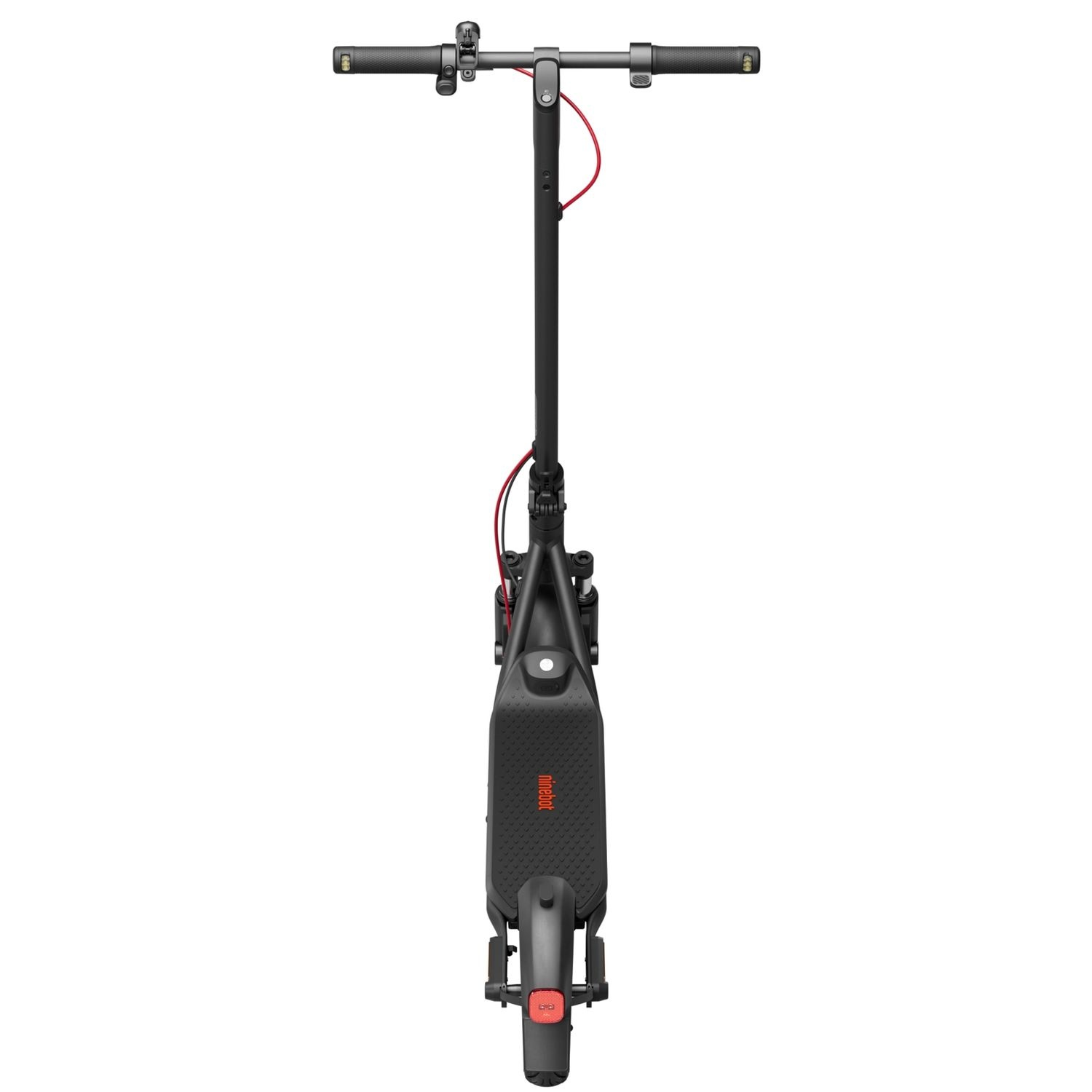 Black electric scooter viewed from above. Red cable and tail light. Handlebars visible.