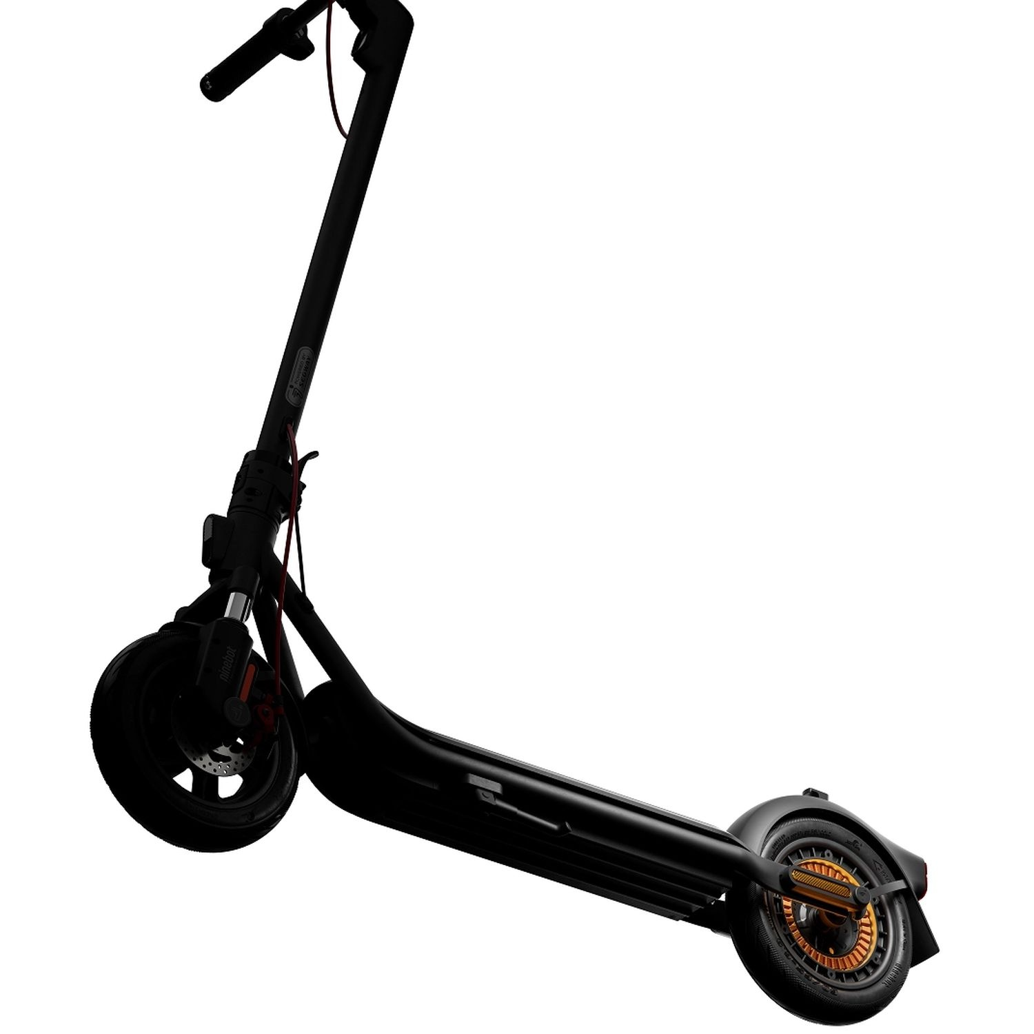 Black electric scooter on white. It has a black handlebar, a black body, and two wheels.