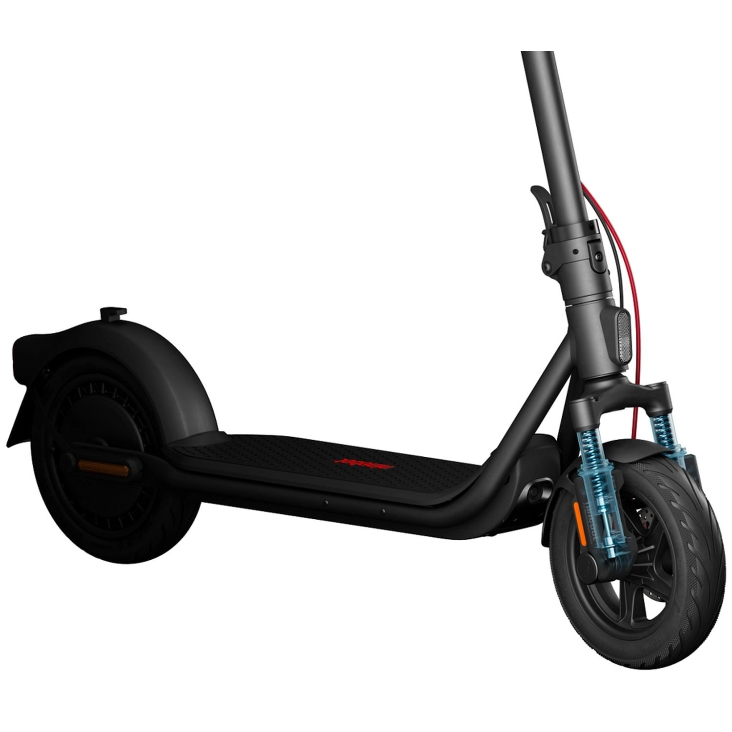 Black electric scooter, side view, isolated on white. Features include a black deck, and suspension.