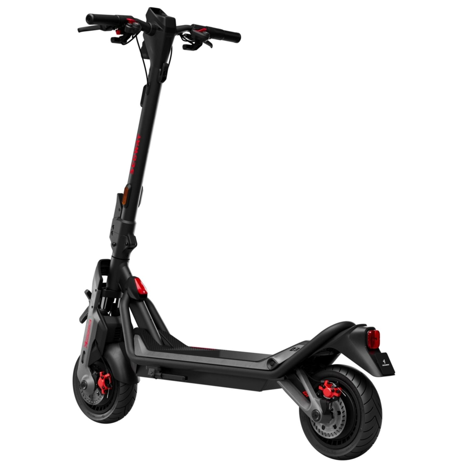 Black scooter with red details. Rear view.