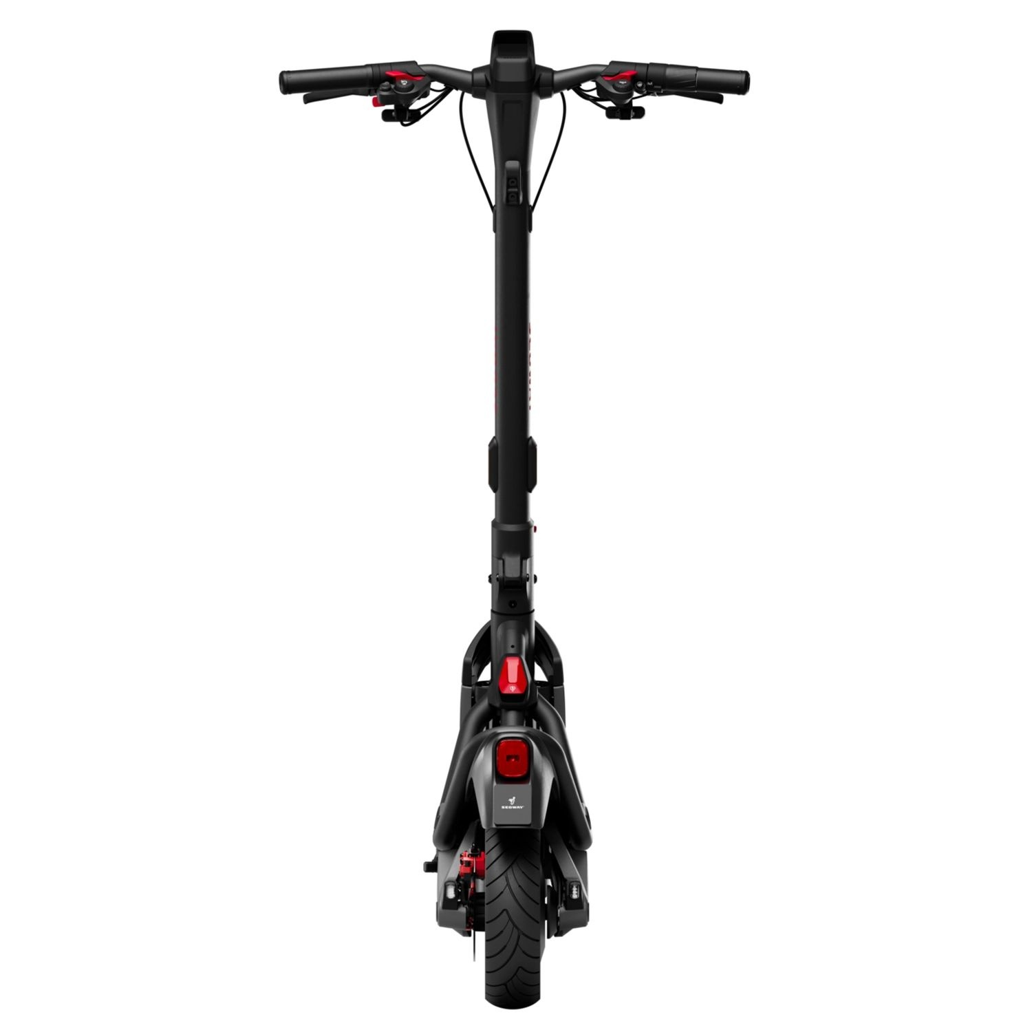 Top-down view of a black electric scooter. It is folded. The background is white.