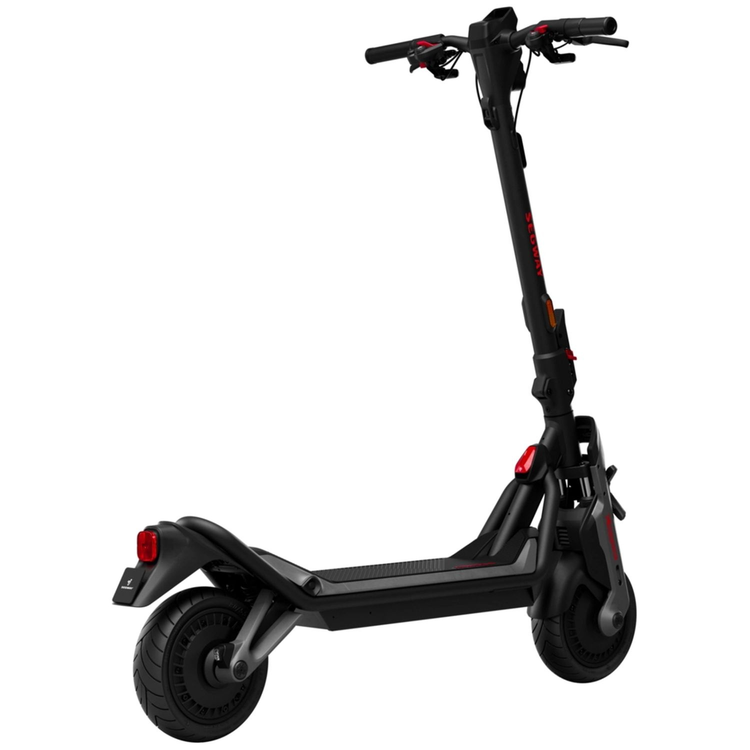Black electric scooter with red accents, seen from the side.