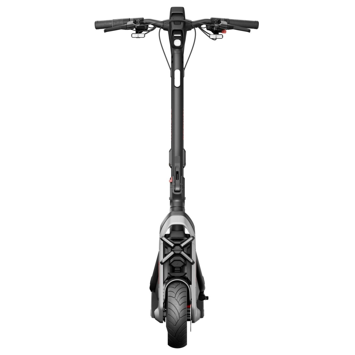 An overhead view of a black electric scooter, isolated on a white background, showing design details.