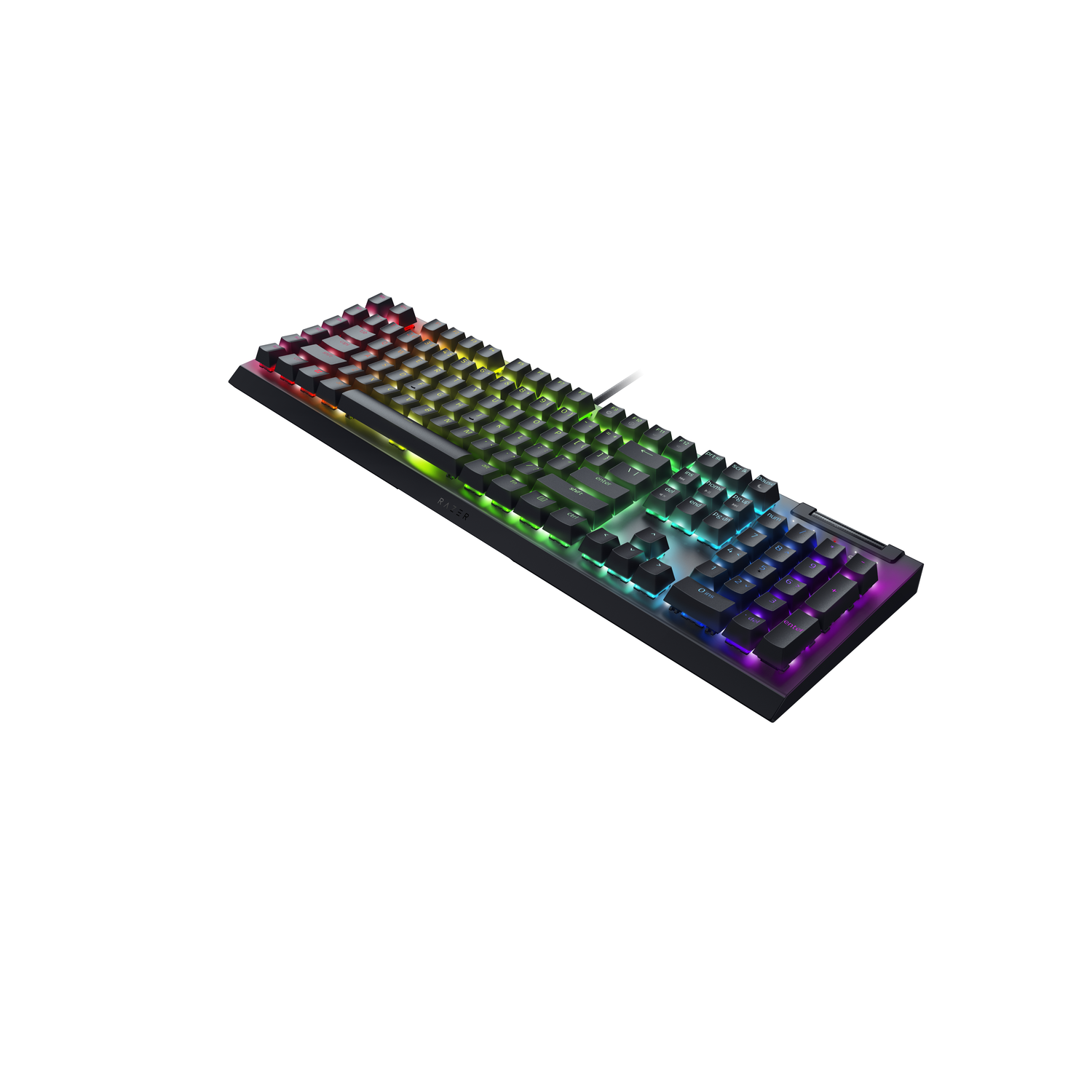 Zwart, verlicht RGB gaming toetsenbord op een witte achtergrond.