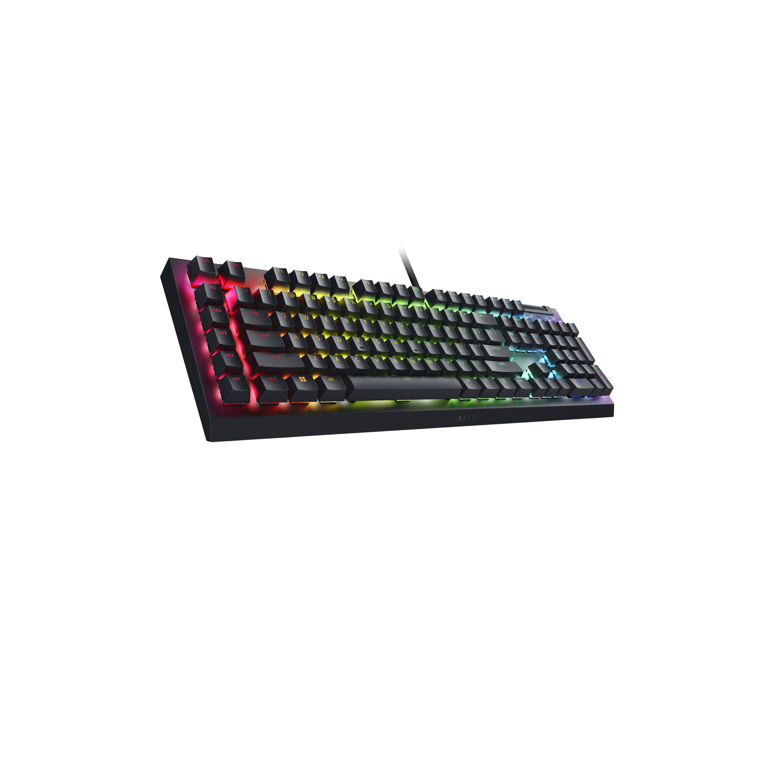 Een zwart toetsenbord met kleurrijk verlichte toetsen, schuin op een witte achtergrond. Het merk is Razer.