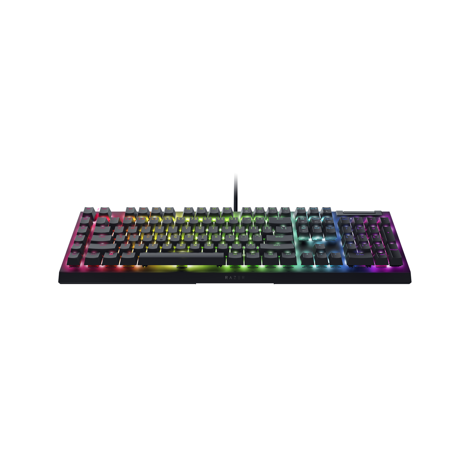 Een zwart Razer-toetsenbord met kleurrijke verlichting. De toetsen zijn verlicht. Witte achtergrond.