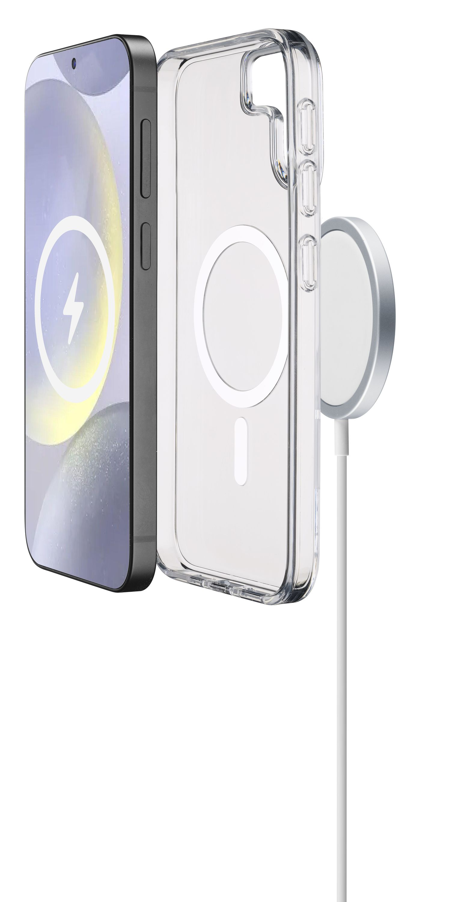 Bir iPhone, şeffaf bir kılıf ve bir MagSafe şarj cihazı. iPhone şarj oluyor. Kılıfın dairesel bir MagSafe göstergesi var.