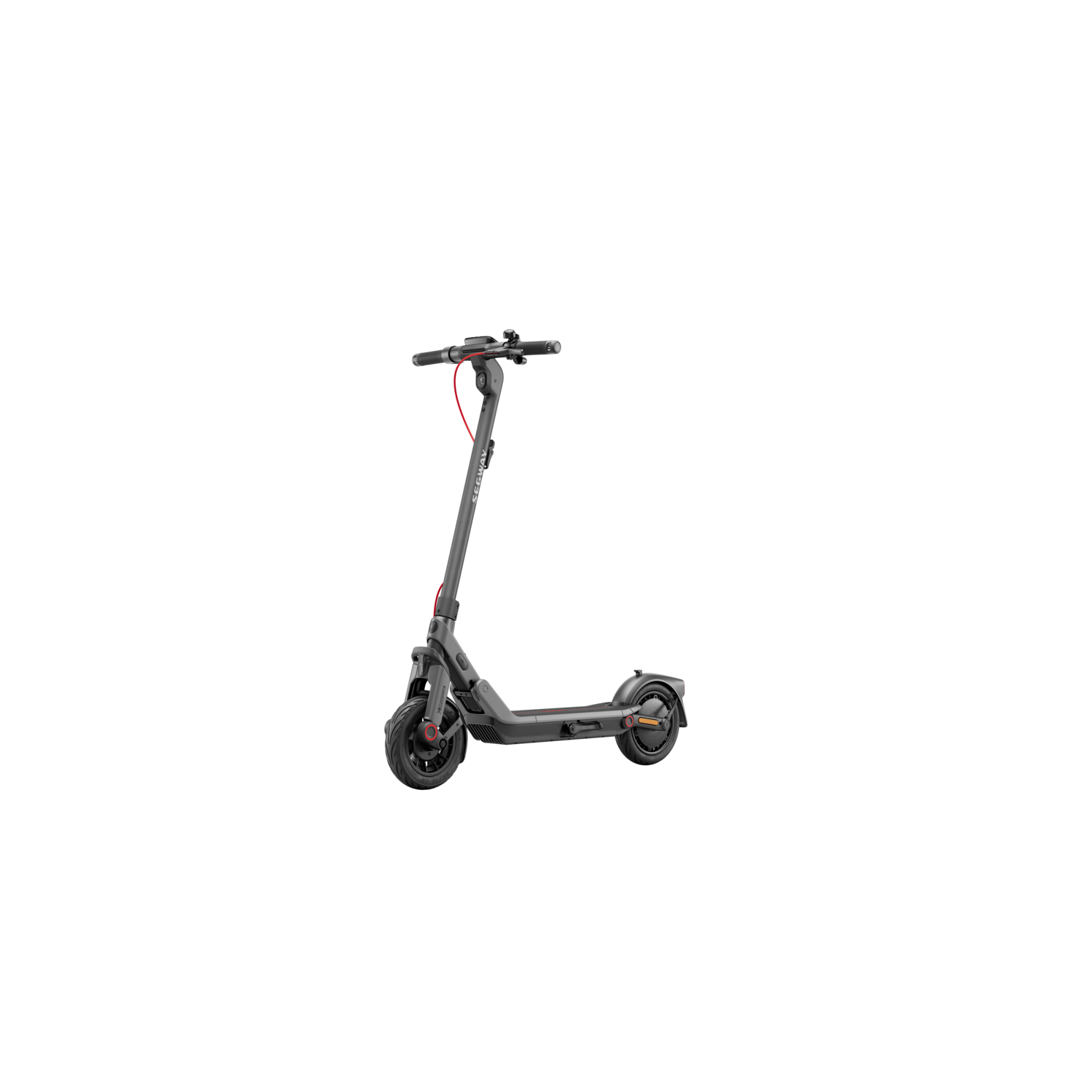 Zwarte elektrische scooter op zwarte achtergrond, met rode kabel.