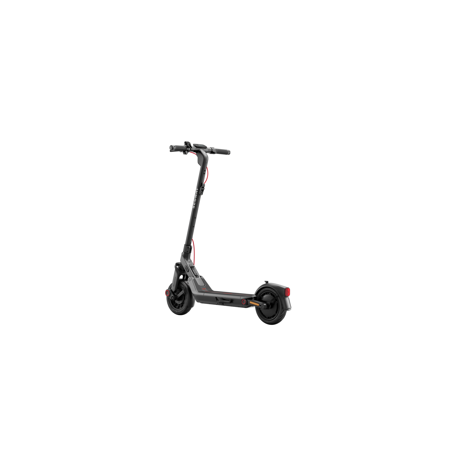 Zwarte elektrische scooter op zwarte achtergrond. Rode accenten op de stuurstang en wielen.