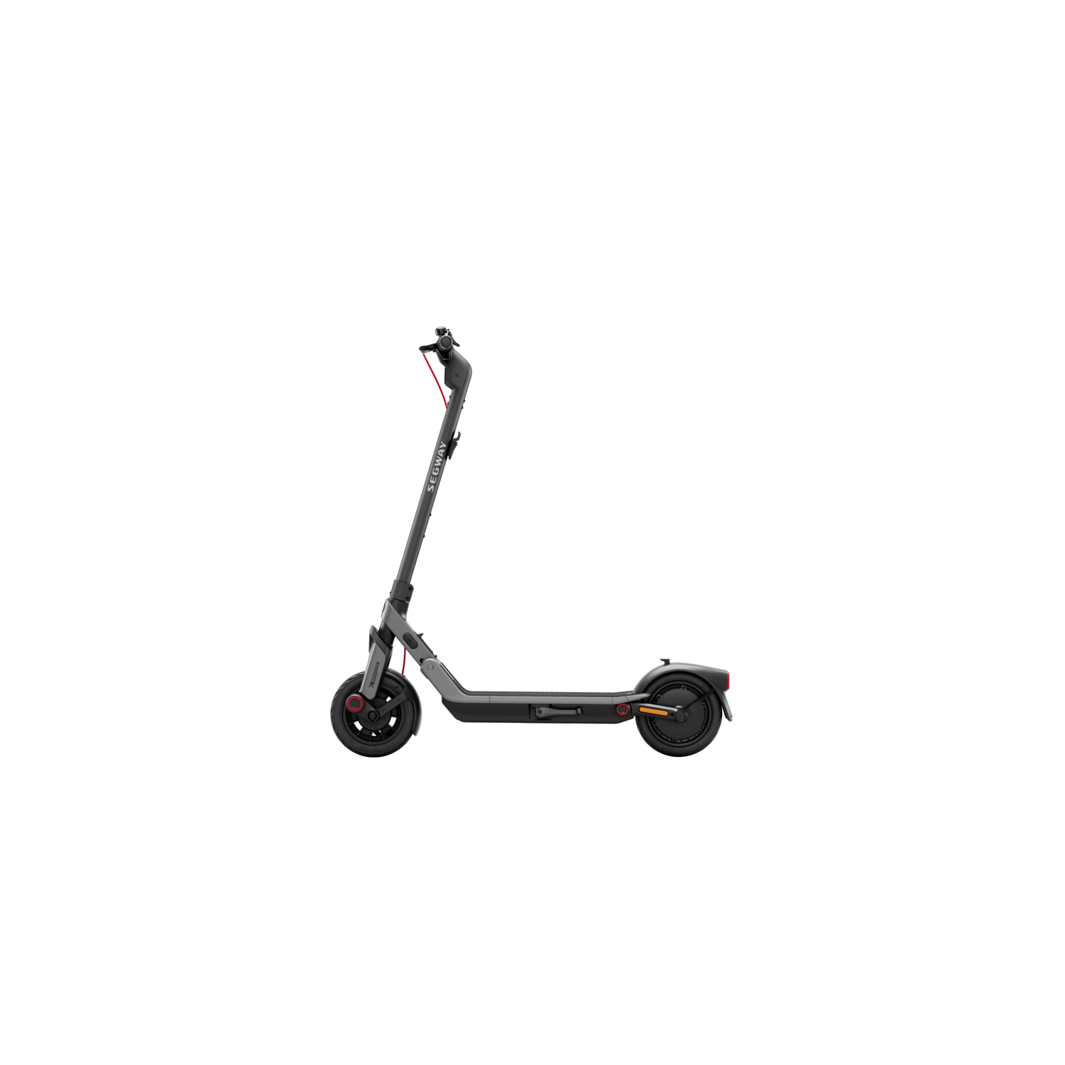 Zwarte elektrische scooter op zwarte achtergrond. Rode accenten op de stuurstang en wielen.