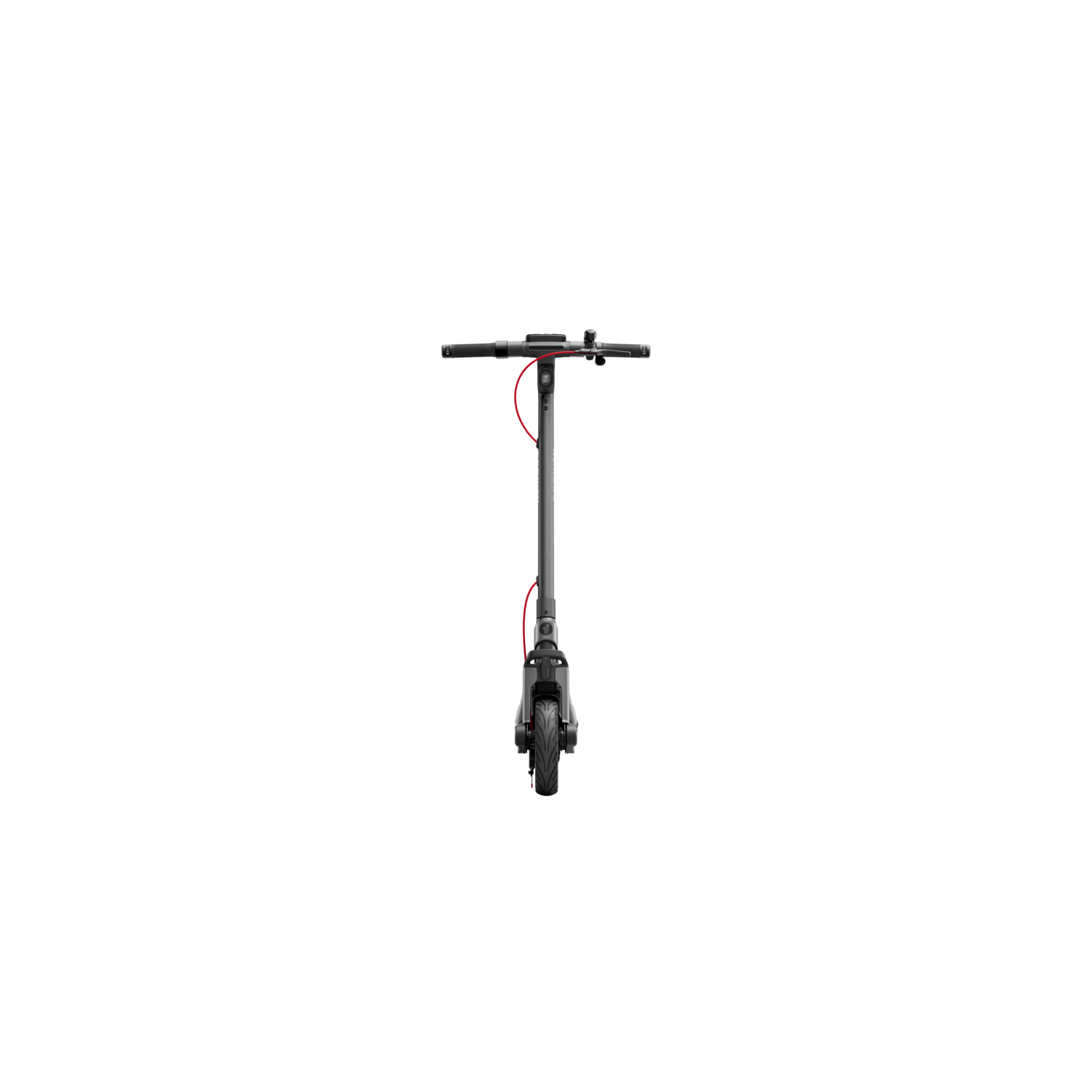 Zwarte elektrische scooter met rode kabel op zwarte achtergrond. De scooter staat naar voren.