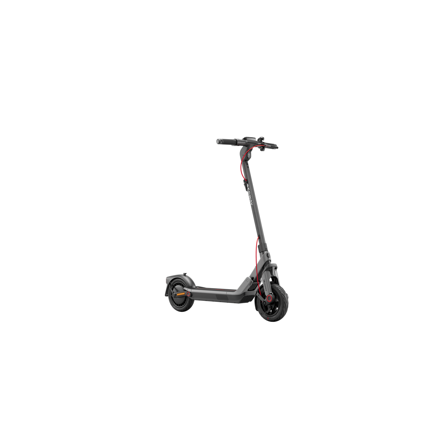 Een grijze elektrische step tegen een zwarte achtergrond. Het is een zijaanzicht.