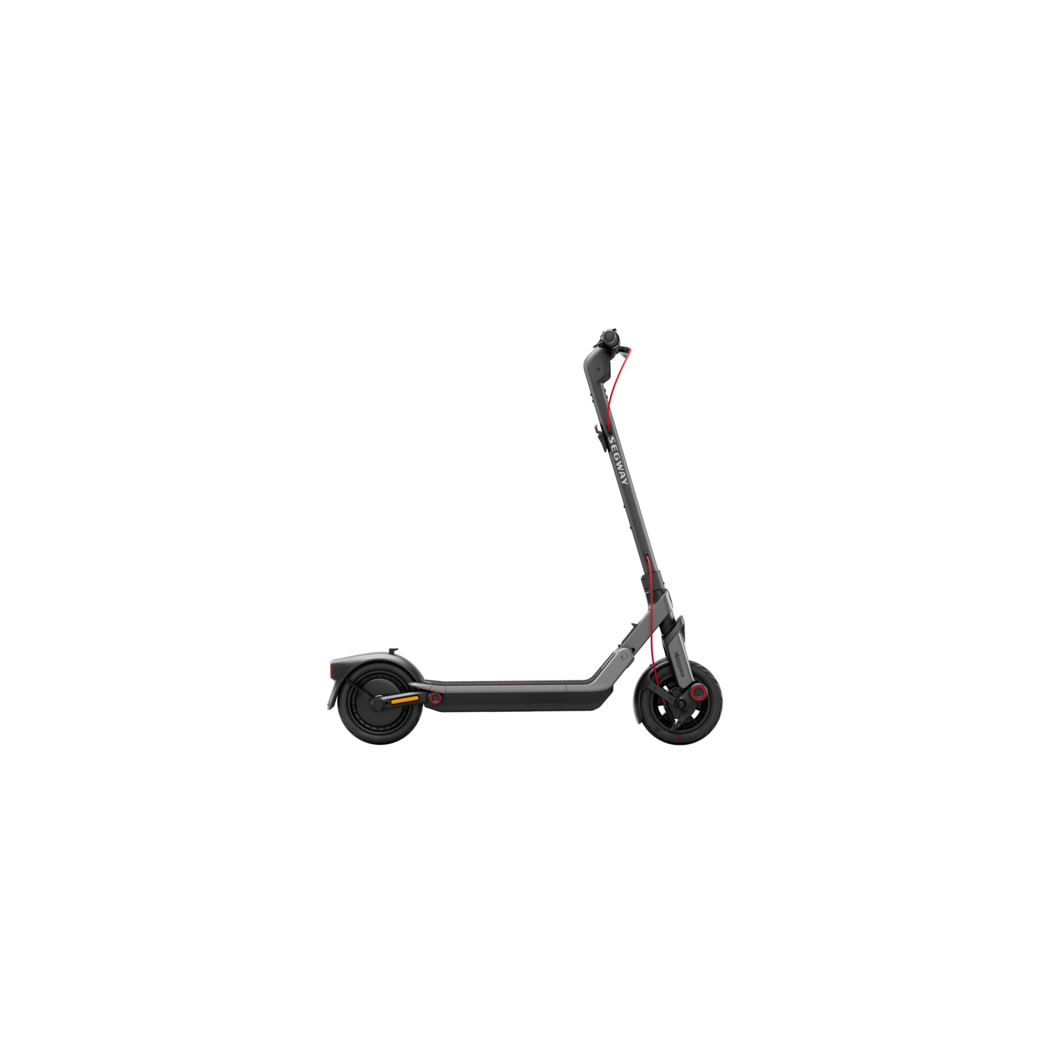 Zwarte elektrische scooter op zwarte achtergrond. Rode accenten op de stuurstang en wielen.