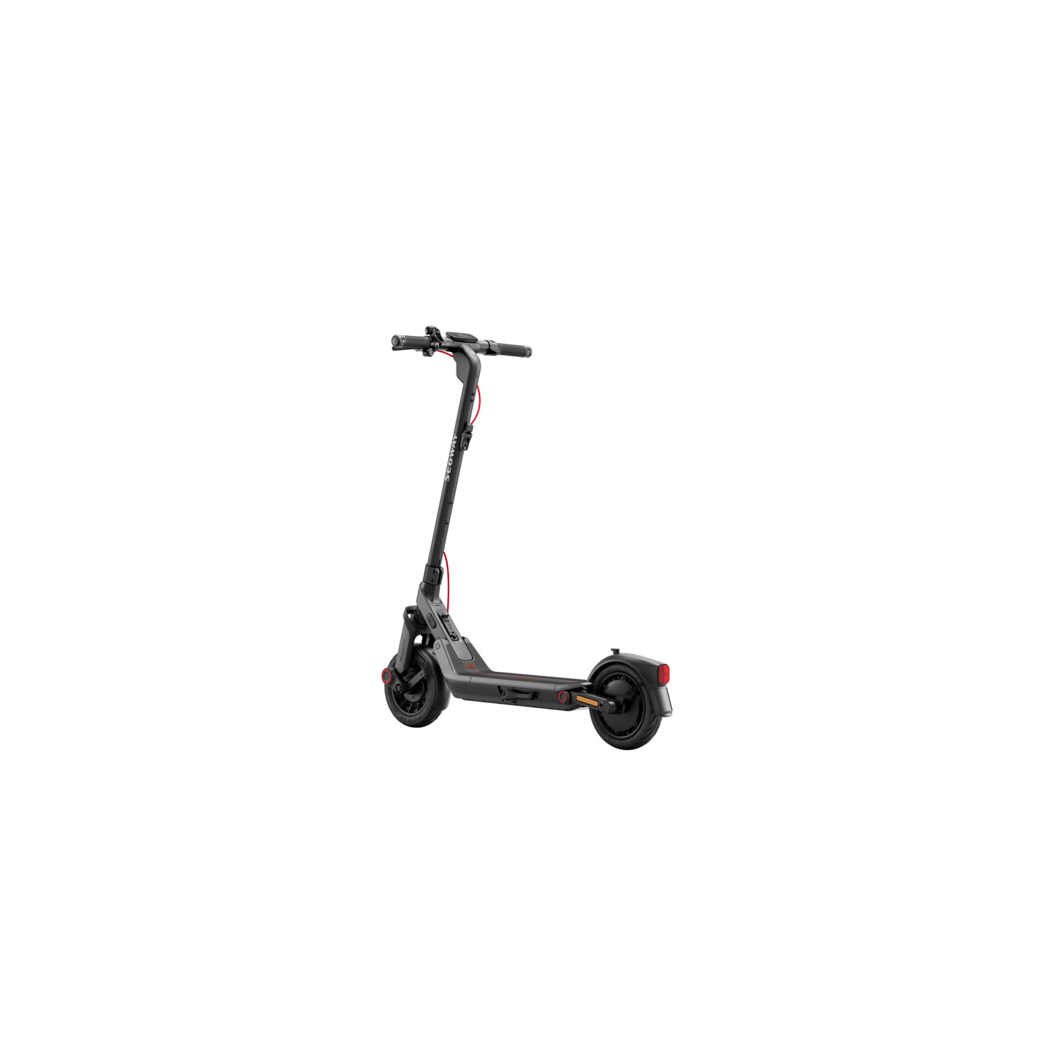 Grijze elektrische scooter op een zwarte achtergrond. Rode details.