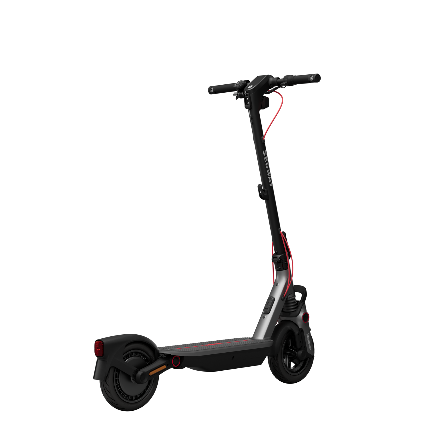 Black and silver Segway electric scooter on a black background. Red cable visible on the steering column.
