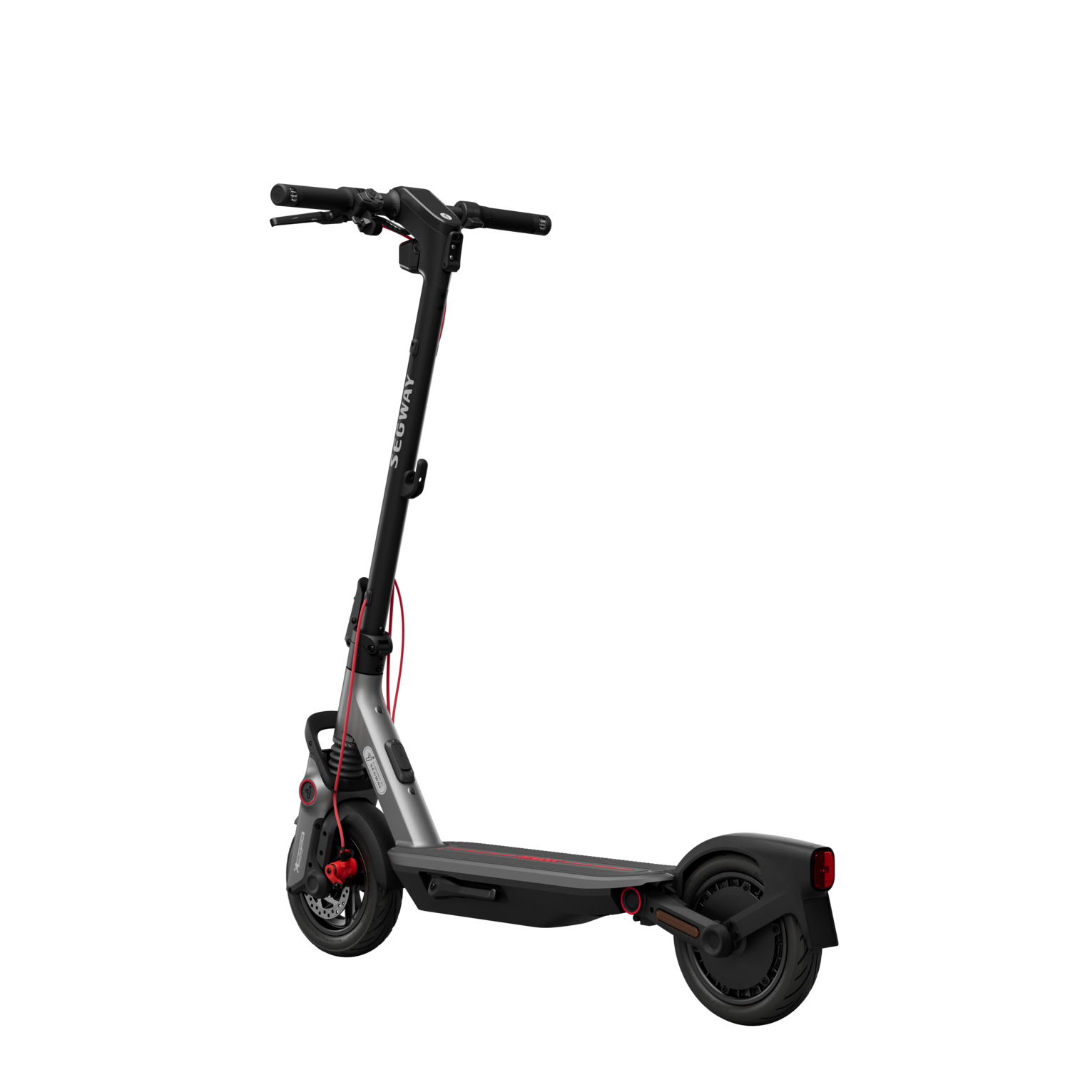 A black and silver Segway electric scooter on a black background.