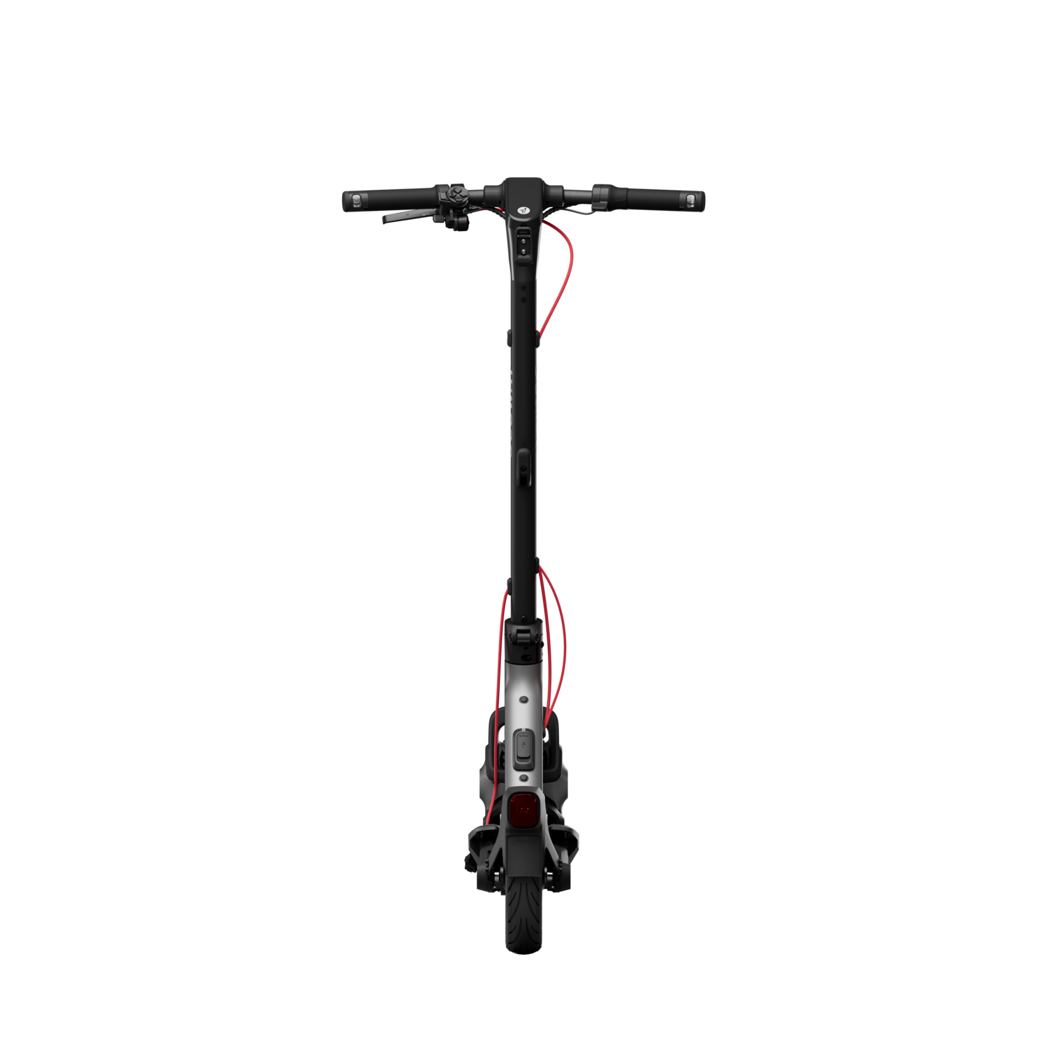 An electric scooter, black and silver with red wiring, presented against a black background.