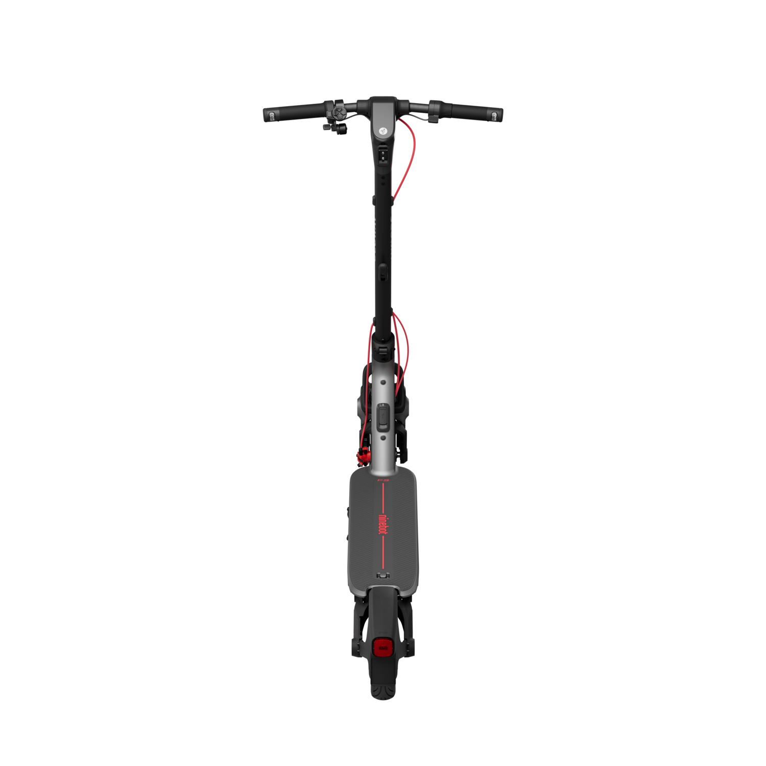 Top-down view of a black and gray electric scooter against a black background. The handlebars are visible.