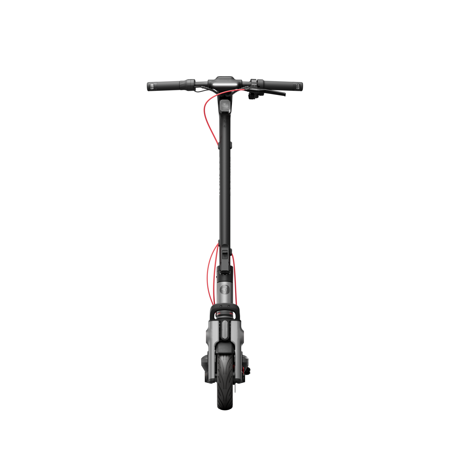 Black electric scooter, front view, red cable visible, black background.
