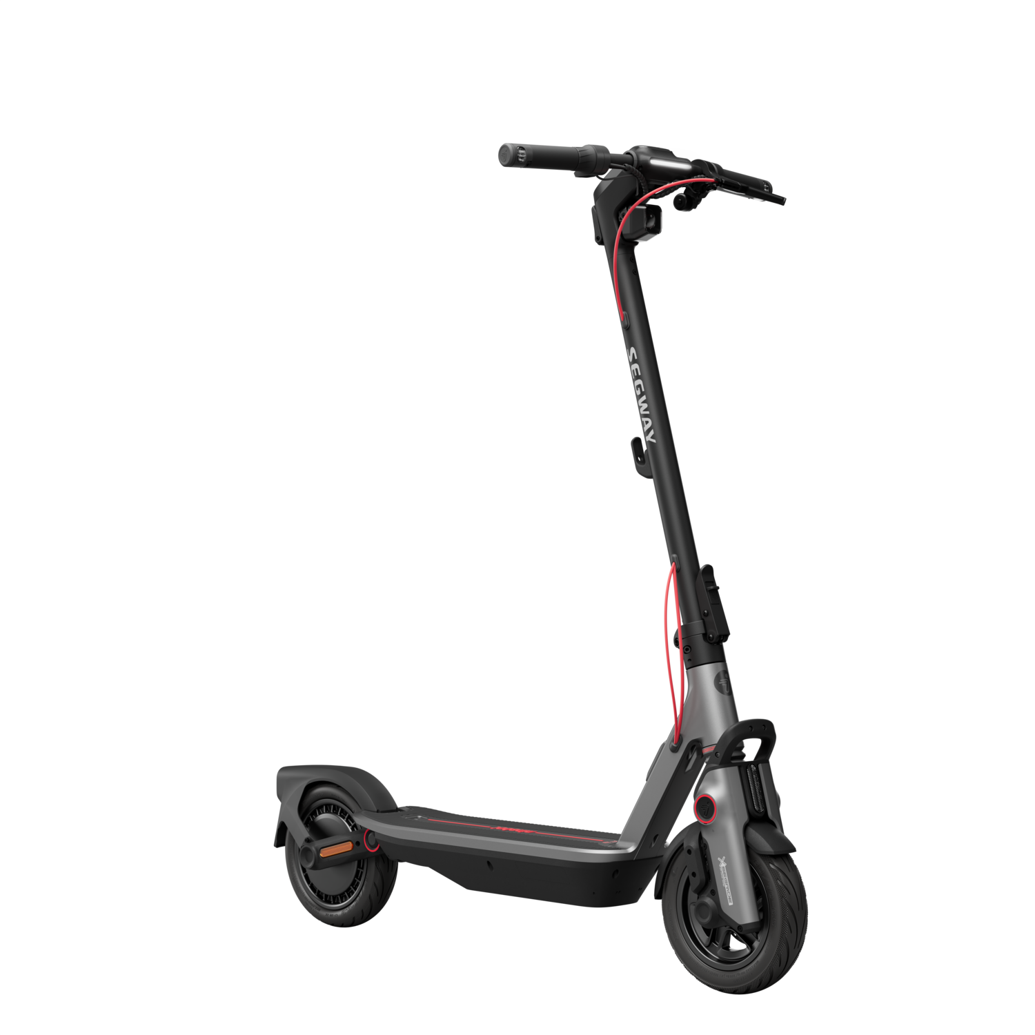 Black and gray electric scooter on a black background, with red accents and a Segway logo.