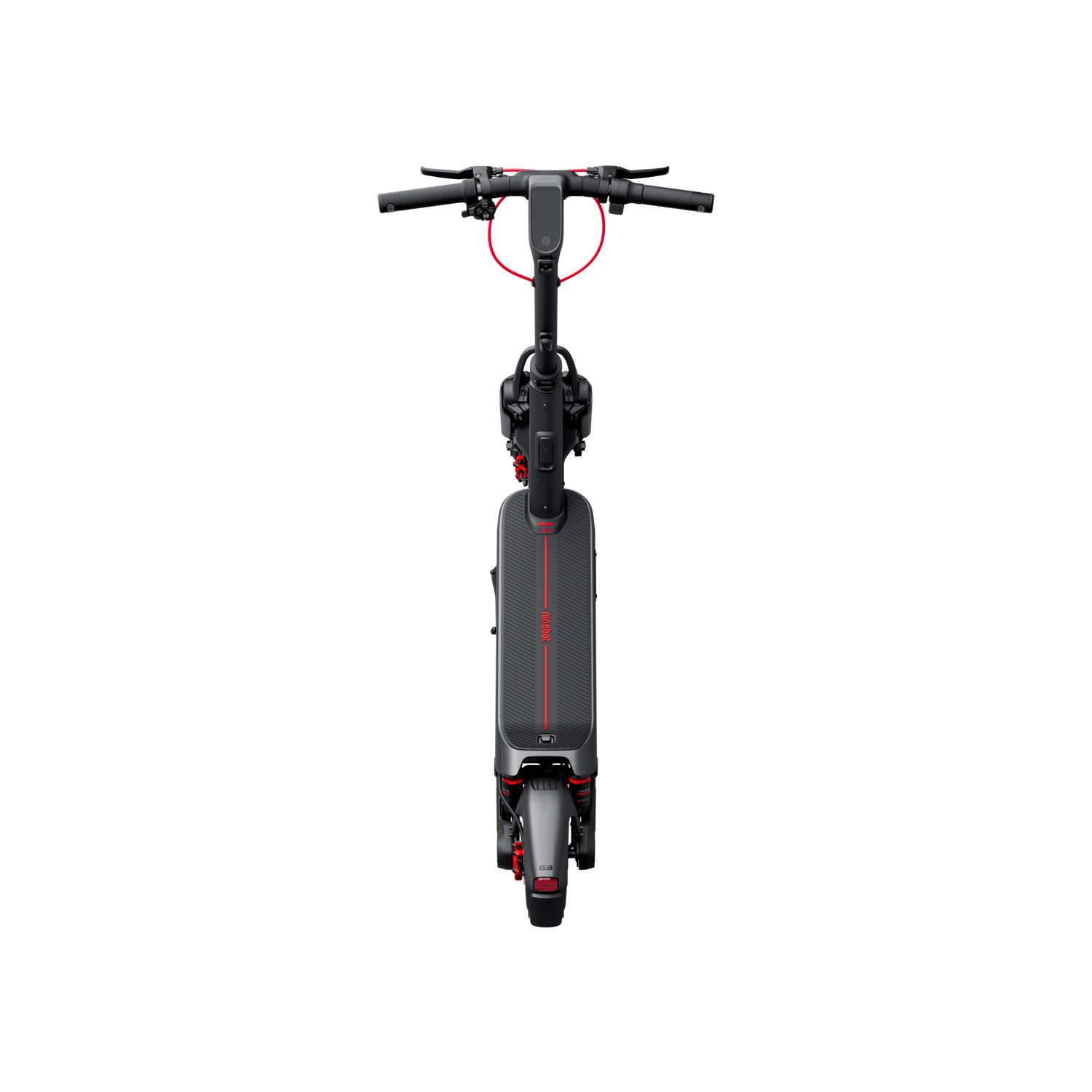 Een zwarte en rode elektrische scooter van bovenaf gezien, op een zwarte achtergrond.