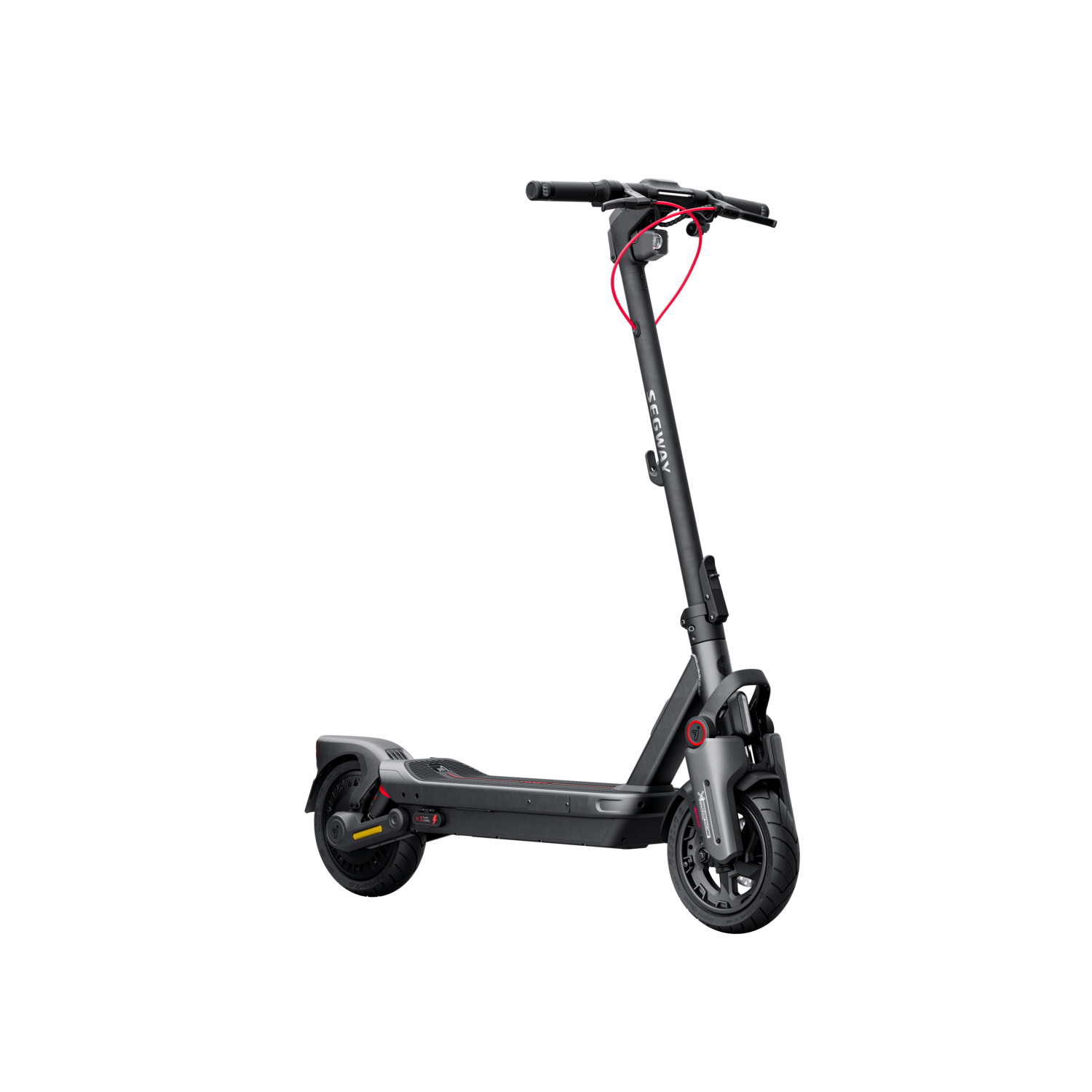 Zwarte en grijze Segway e-scooter met een rode kabel en zwarte achtergrond.