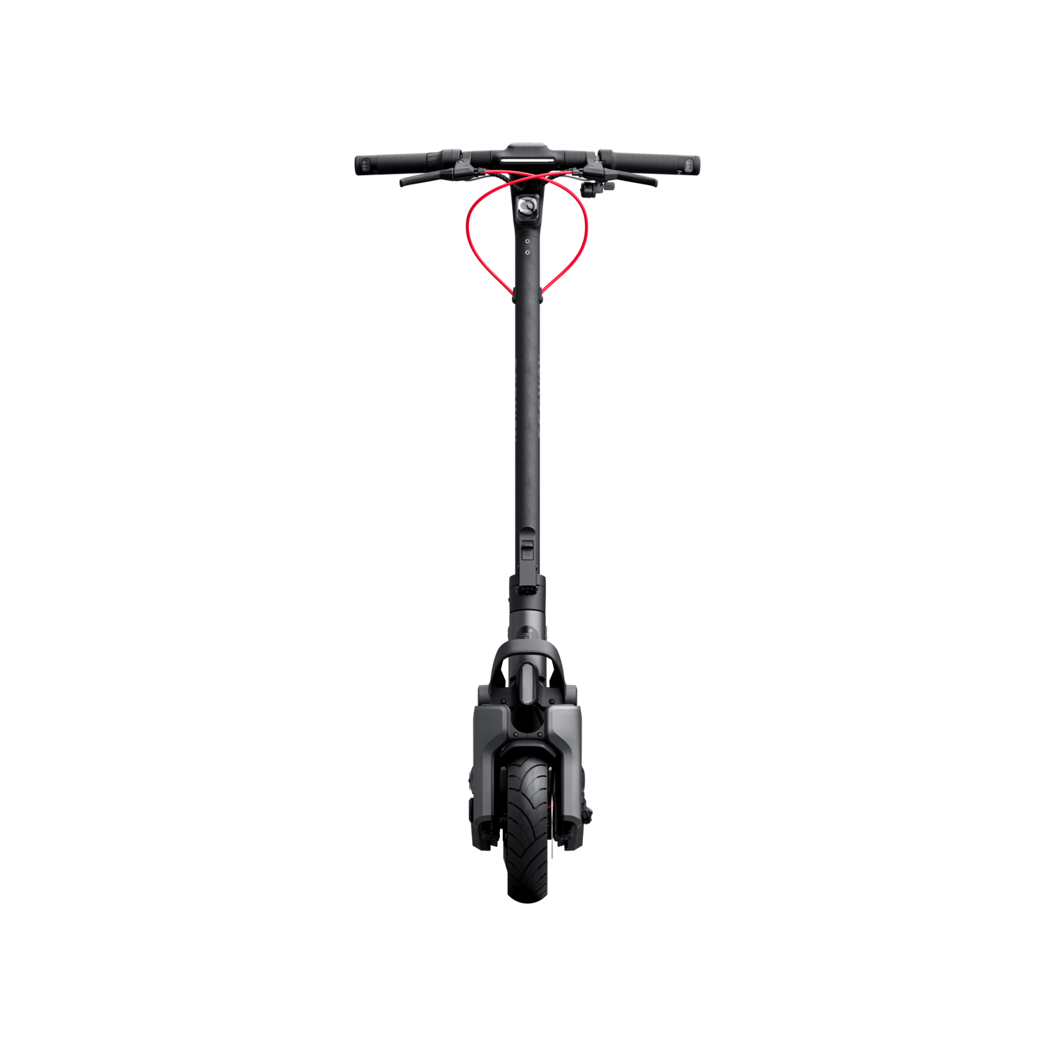 Elektrische scooter, vooraanzicht. Zwart met rode kabelaccenten. Zwarte achtergrond.