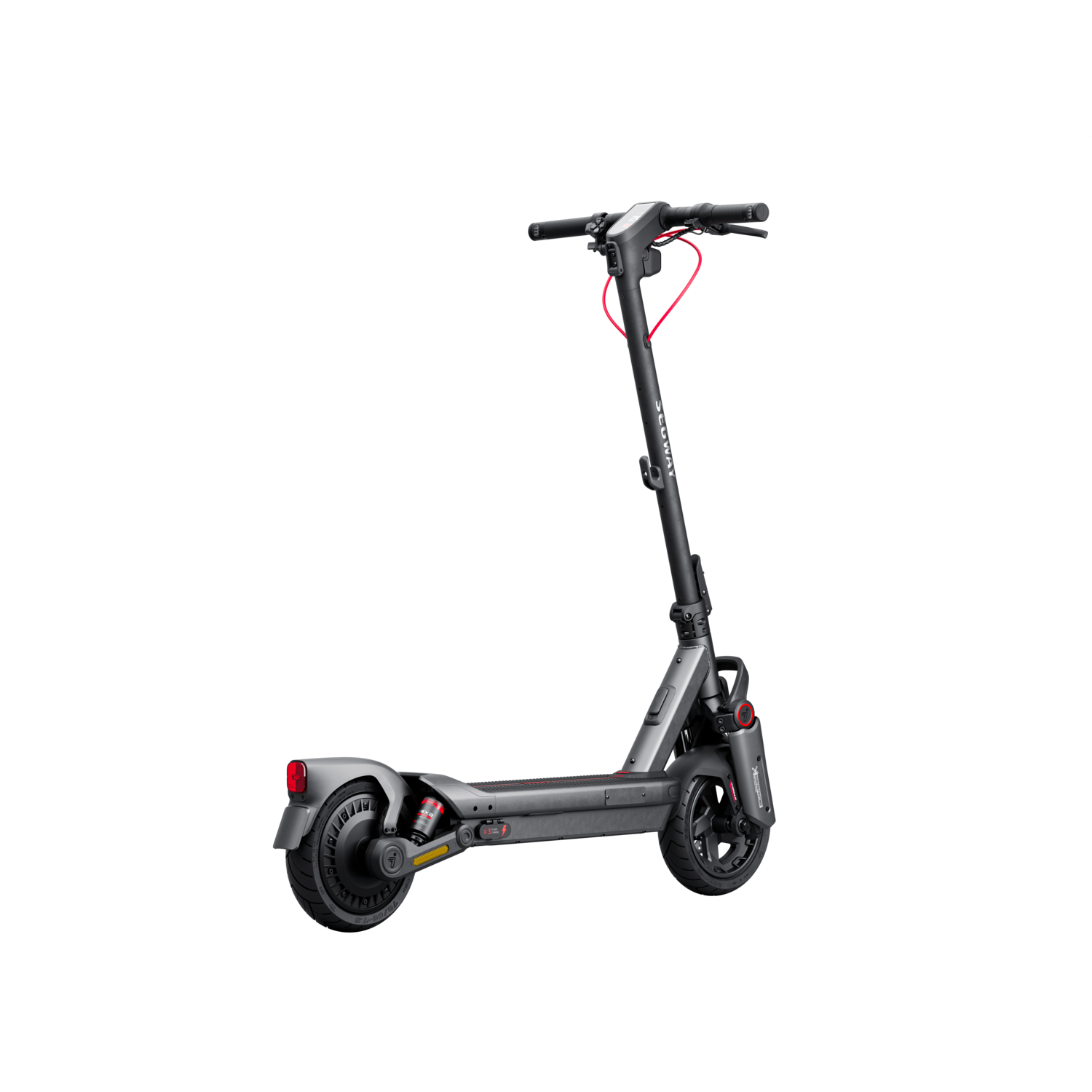 Elektrische scooter in zwart en grijs, met een rode remkabel. Hij staat op een zwarte achtergrond.