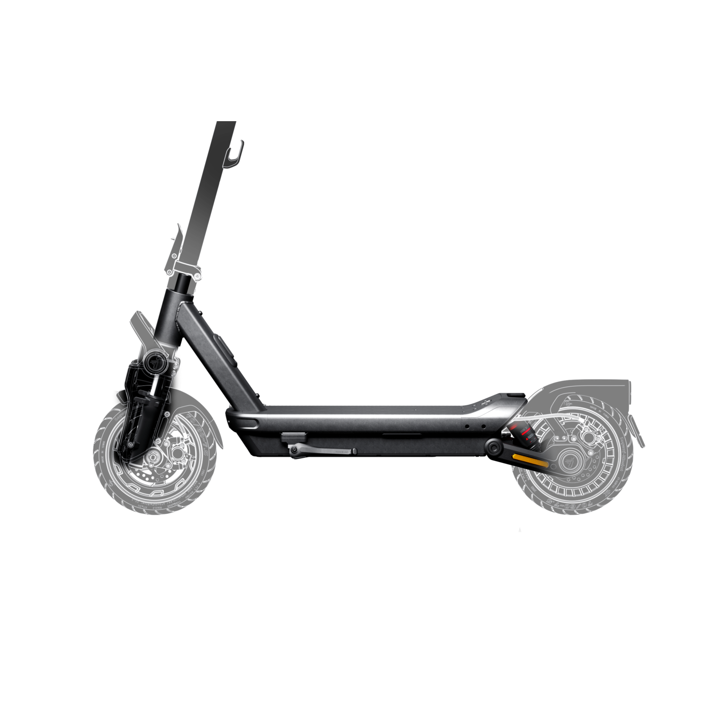 Een zwarte en grijze elektrische scooter op een zwarte achtergrond.