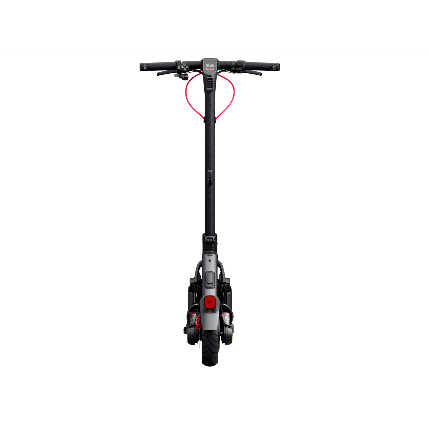 Zwarte elektrische scooter. De scooter heeft een rode kabel en een rood achterlicht. De achtergrond is zwart.