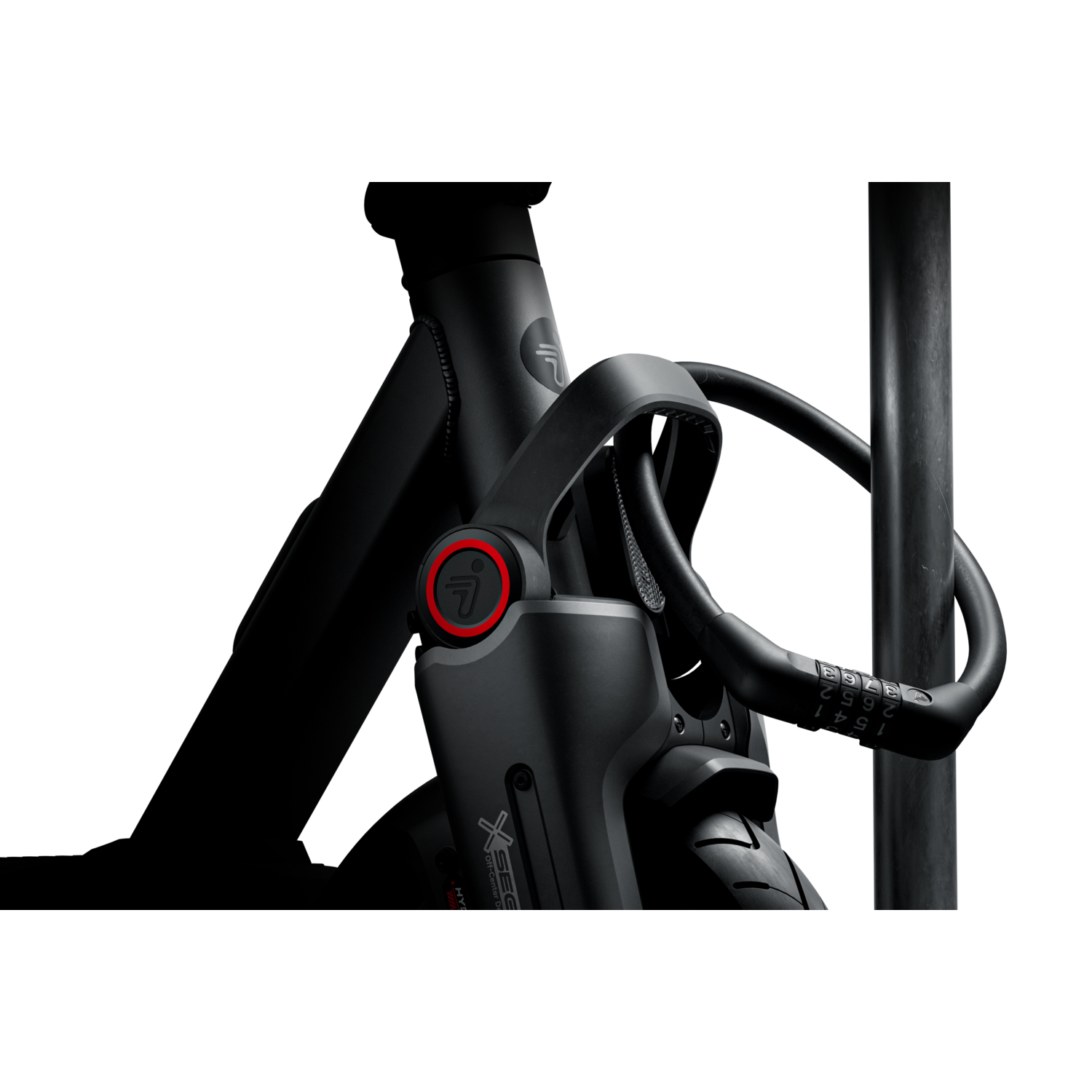 Close-up van het frame van een zwart fiets met slot.
