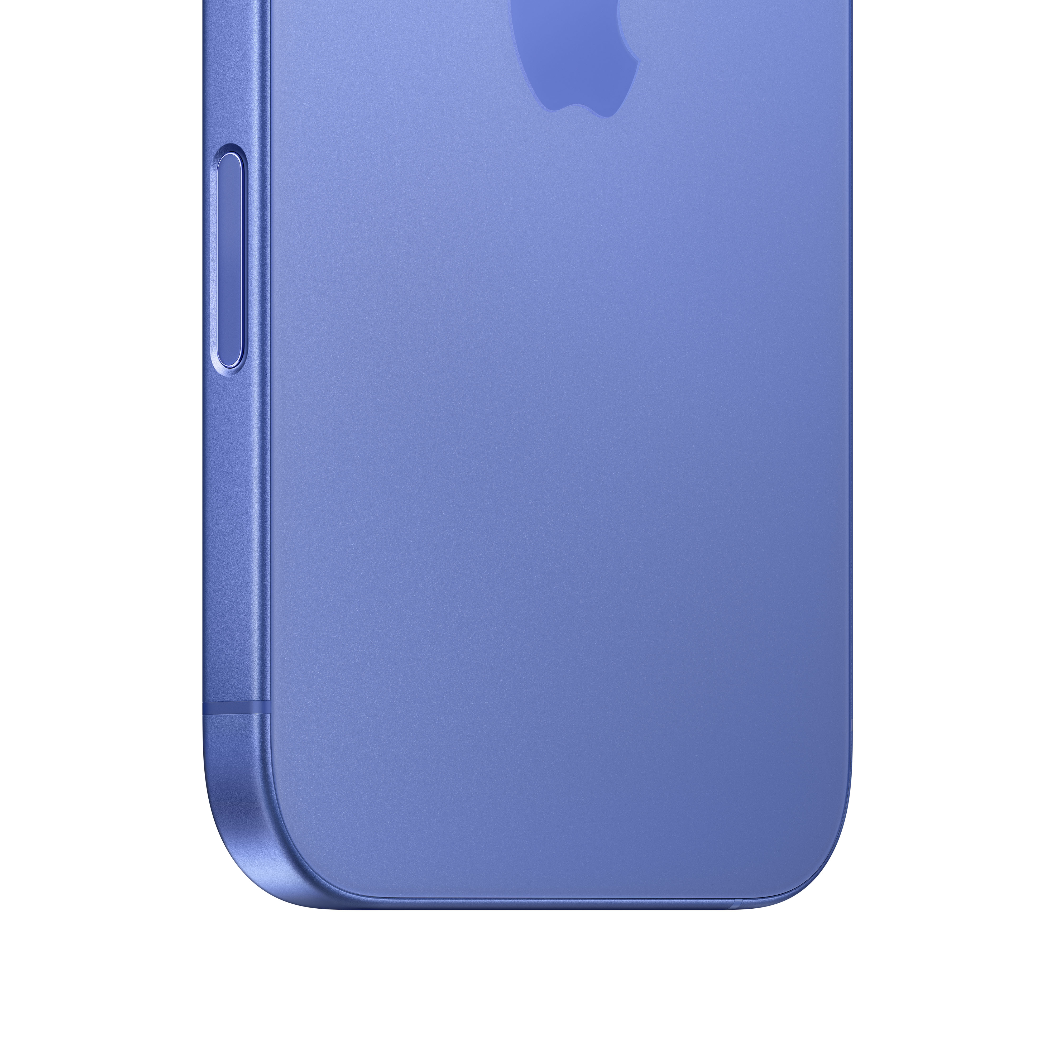 Un teléfono azul, ligeramente inclinado, con el logotipo de Apple. El lado muestra un botón de volumen y un interruptor de silencio.