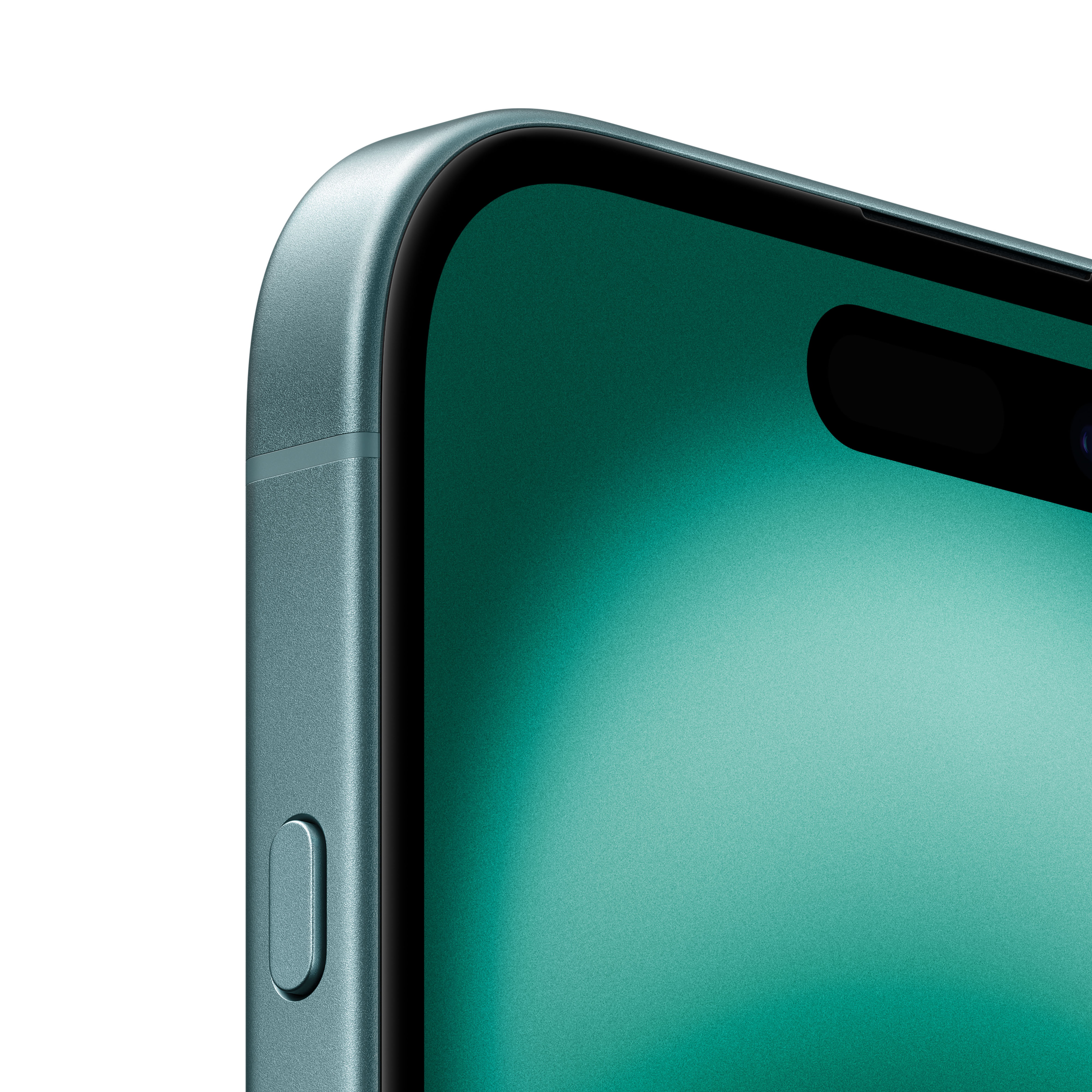 Primer plano de un teléfono verde con una muesca negra y un botón lateral.