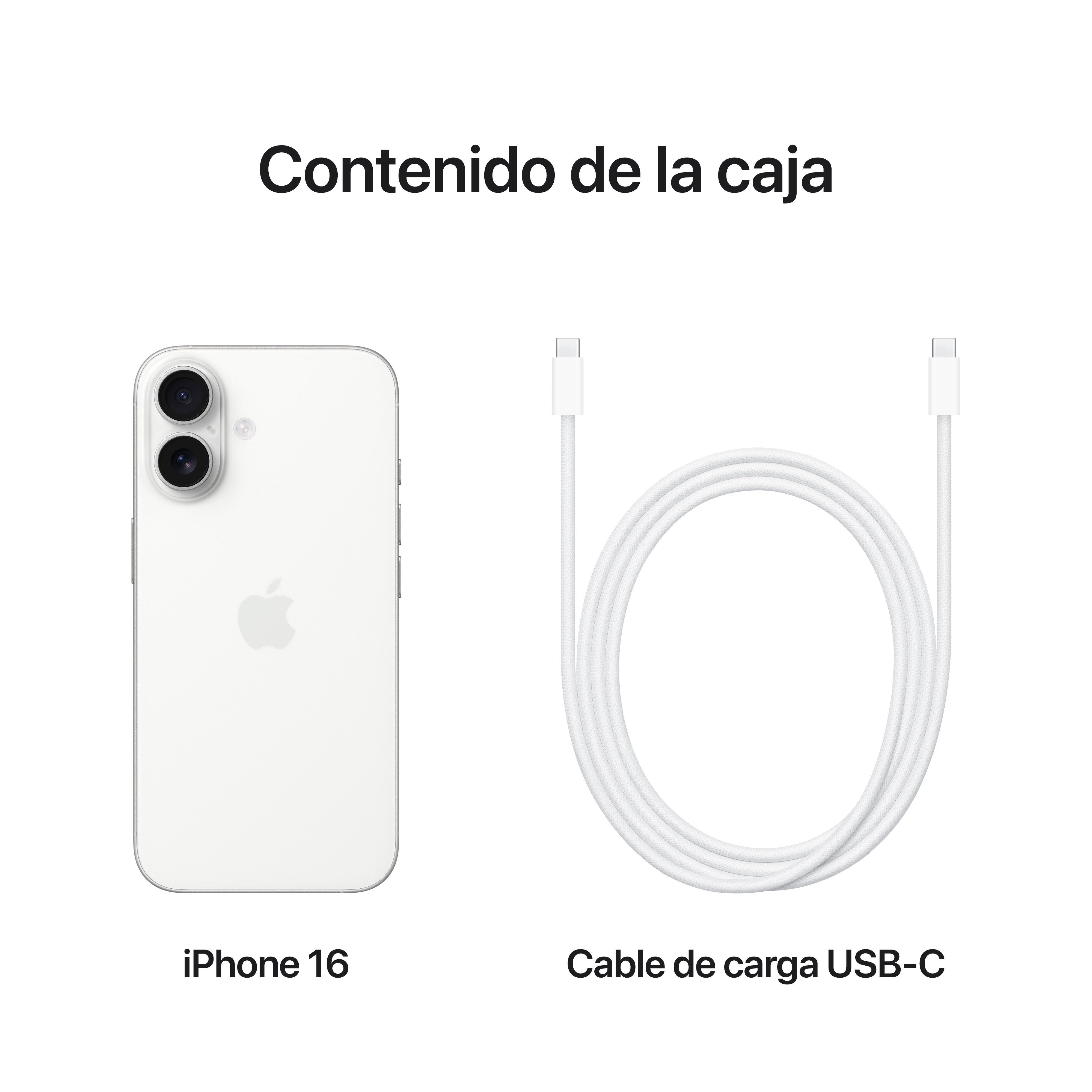 iPhone 16 blanco y un cable de carga USB-C blanco sobre un fondo blanco.