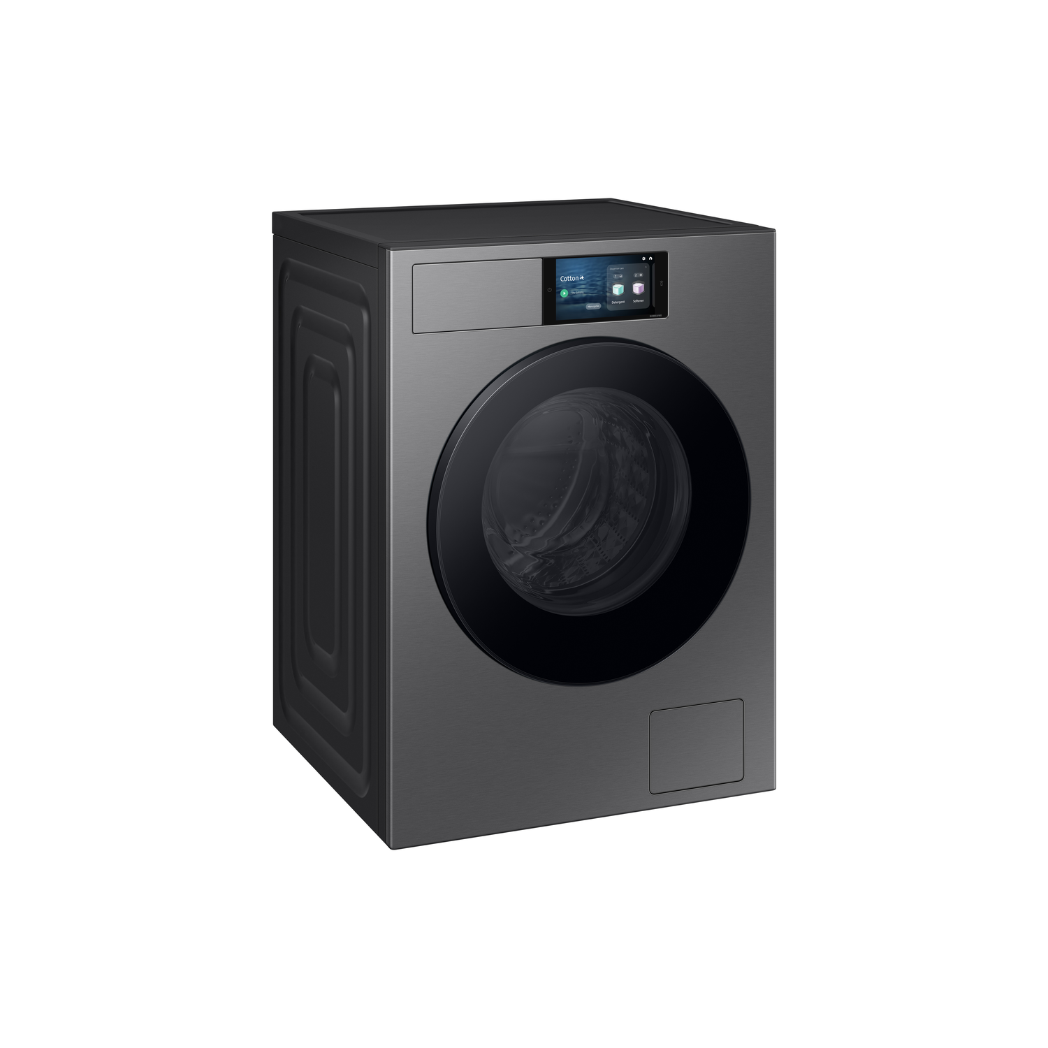 Donkergrijze wasmachine met een ronde zwarte deur en een scherm.