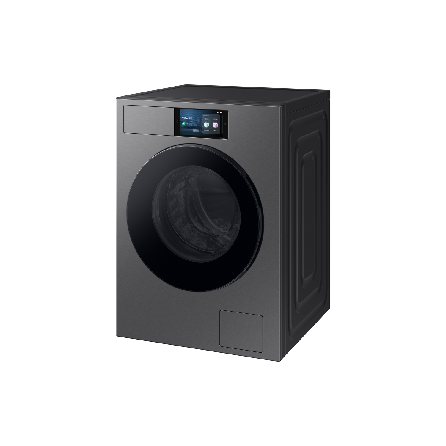 Een donkergrijze wasmachine, met een zwarte deur en een klein scherm, is geïsoleerd op een witte achtergrond.