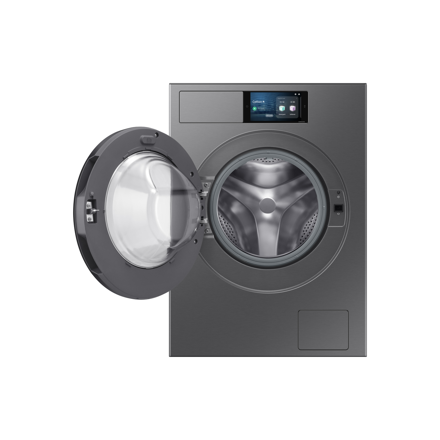 Een donkergrijze wasmachine met de deur open.