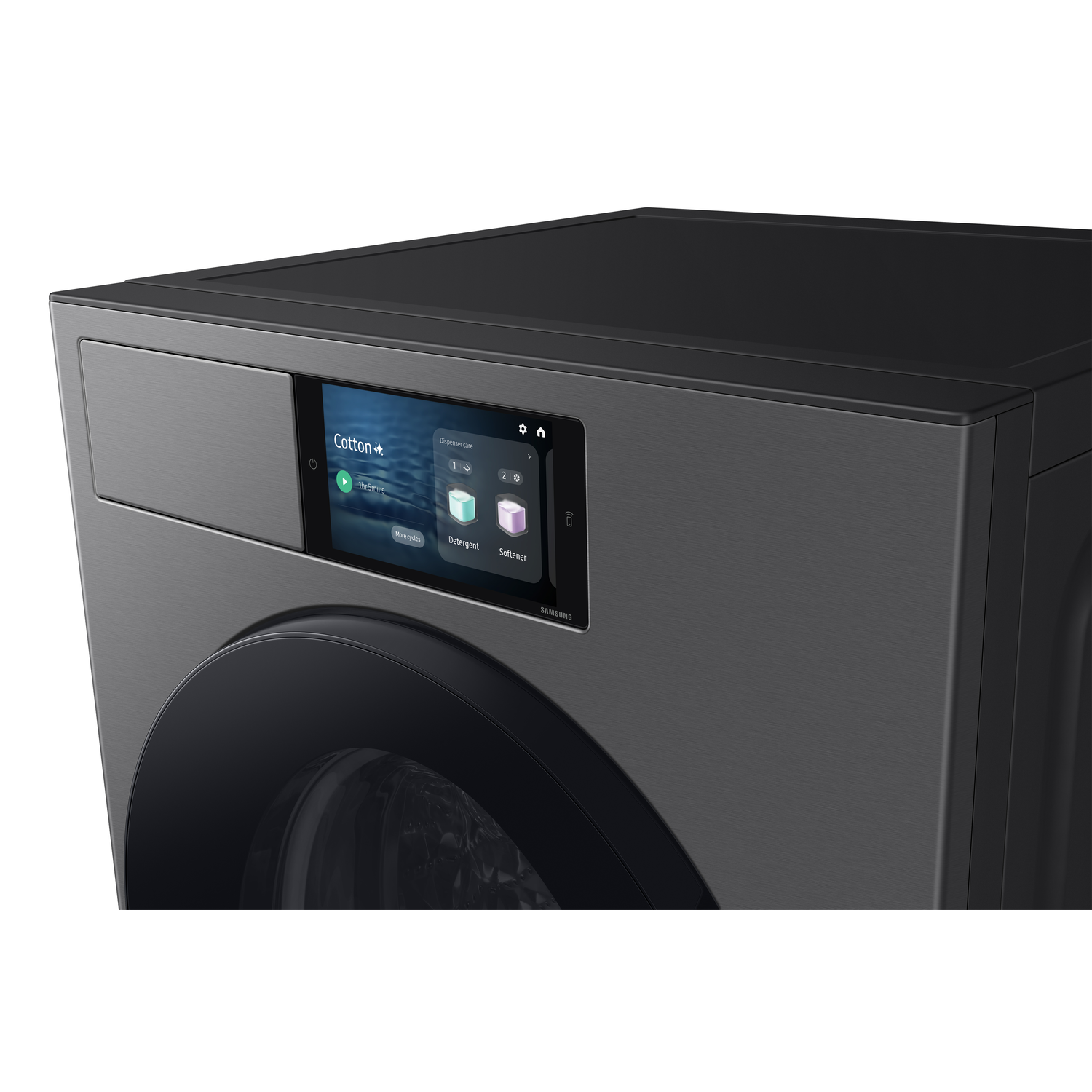 Close-up van een zwarte wasmachine met een touchscreen interface.
