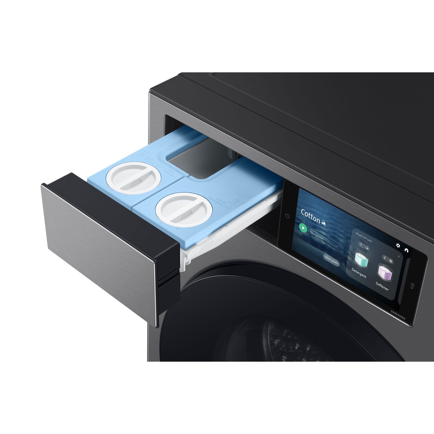 Wasmachine, lade open met wasmiddelcompartimenten en een touchscreen met instellingen.