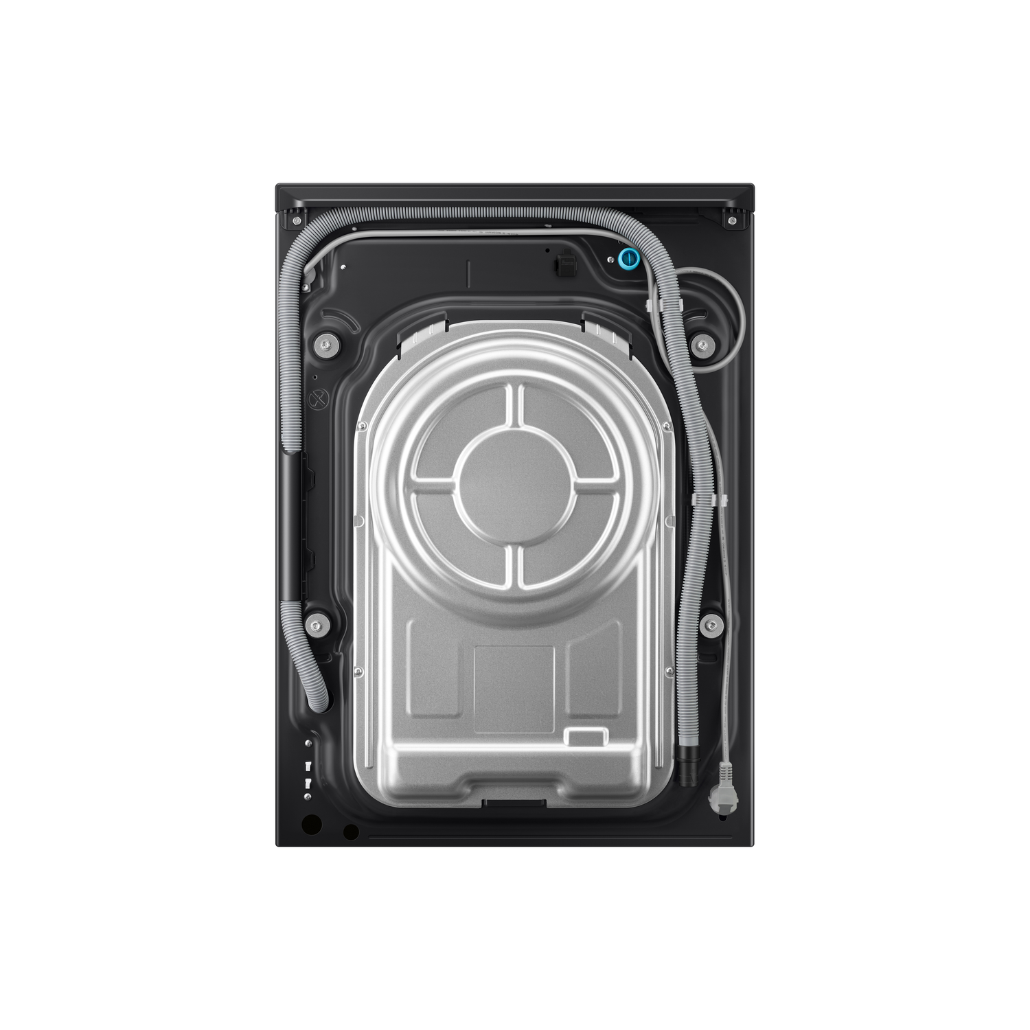 De achterkant van een zwarte wasmachine. Er is een groot zilverkleurig cirkelvormig element in het midden en slangen.