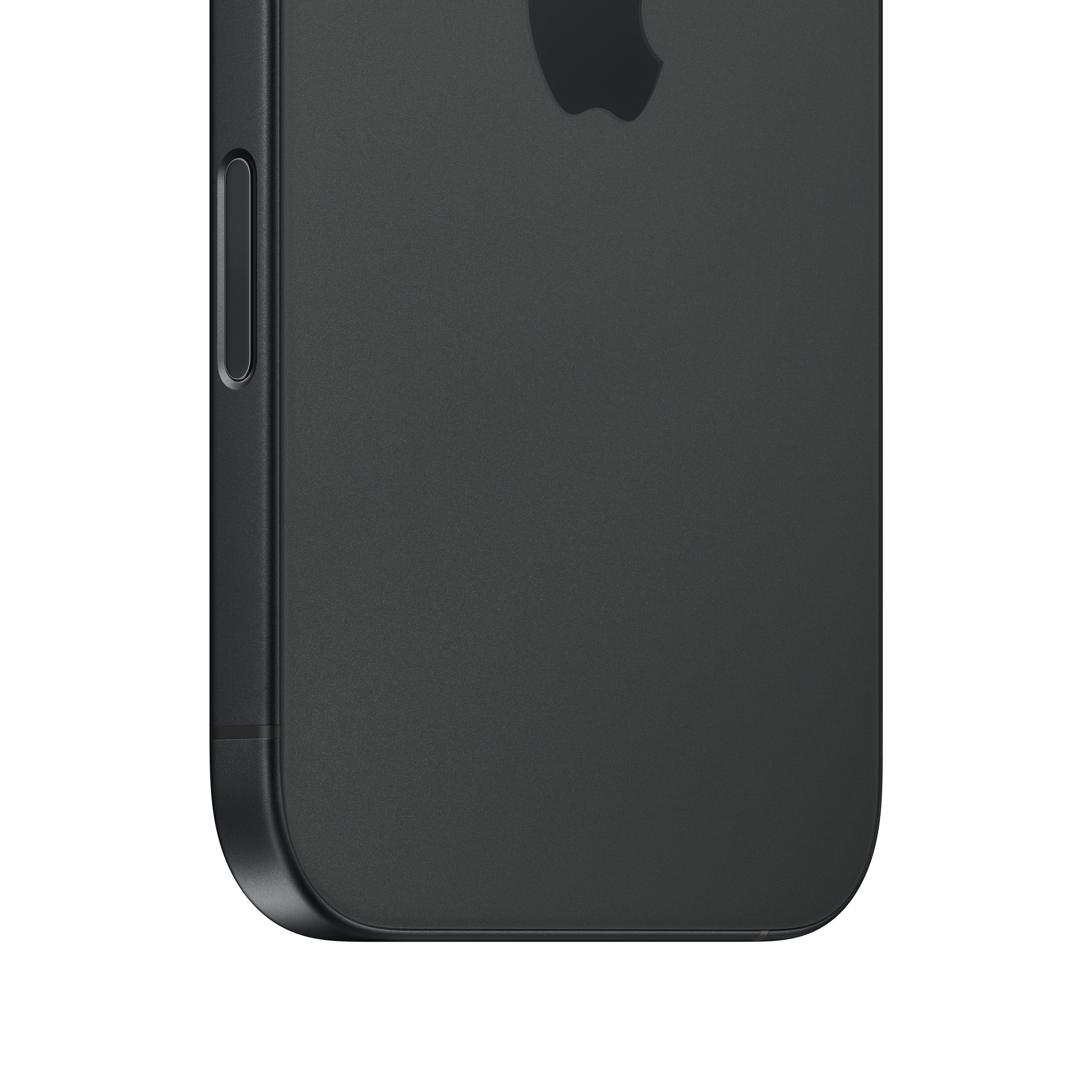 Primer plano de la parte trasera de un smartphone negro, con el logo de Apple y un botón lateral.