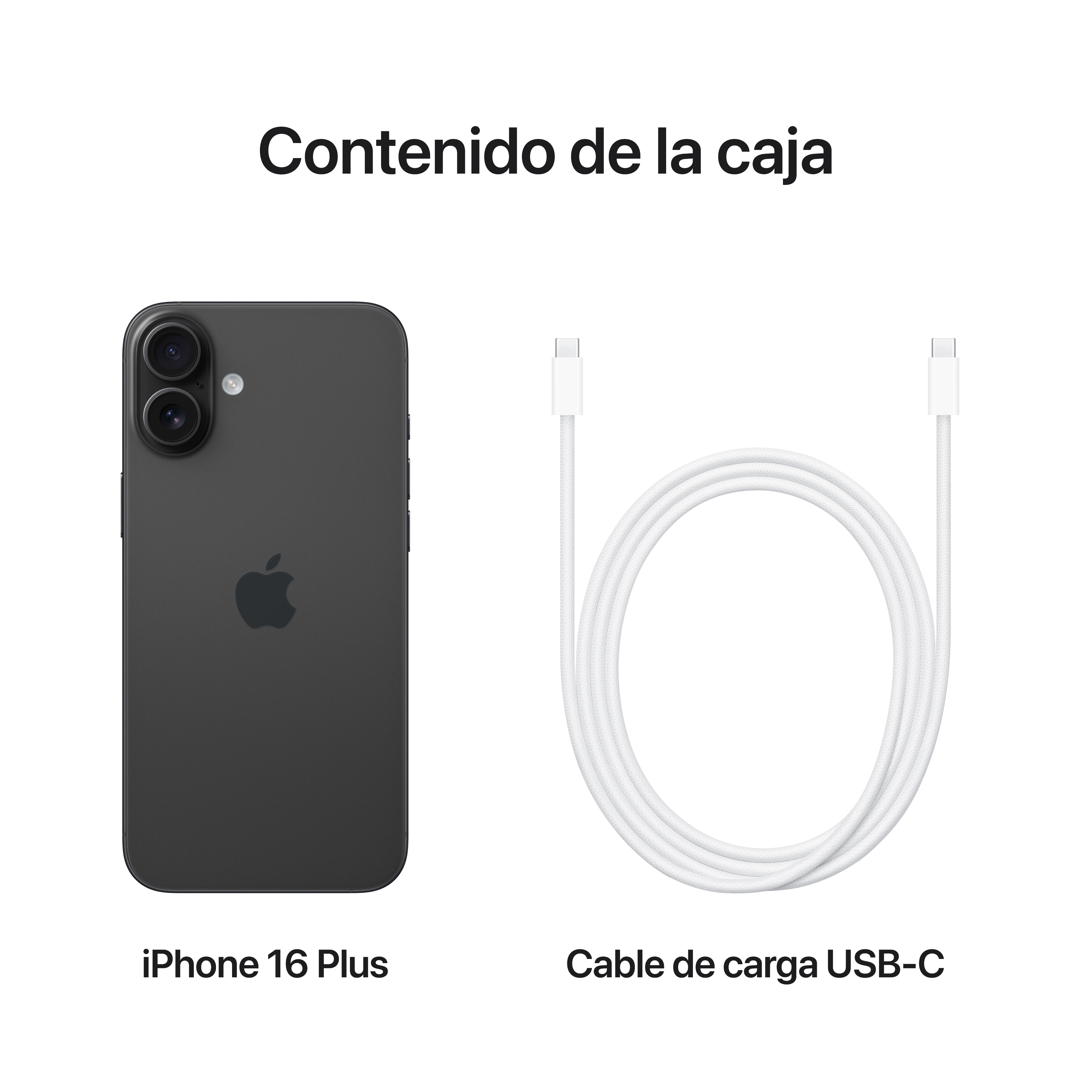 iPhone y cable de carga. El iPhone es negro y un cable de carga blanco está al lado.