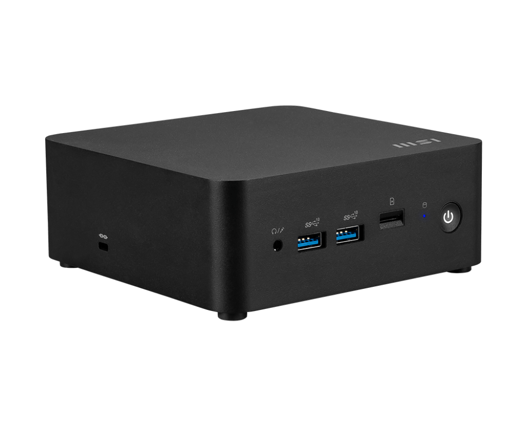Schwarzer Mini-PC. Front hat Anschlüsse und einen Power-Knopf. MSI Logo.