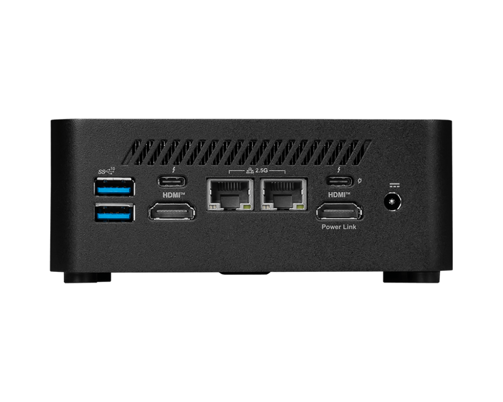 Die Rückseite eines kleinen schwarzen Computers mit Anschlüssen wird gezeigt.