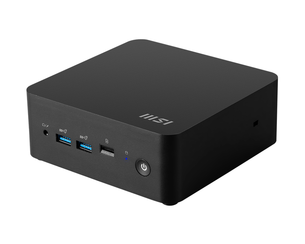 Schwarzer MSI Mini-PC, mehrere Anschlüsse sichtbar, auf schwarzer Oberfläche.