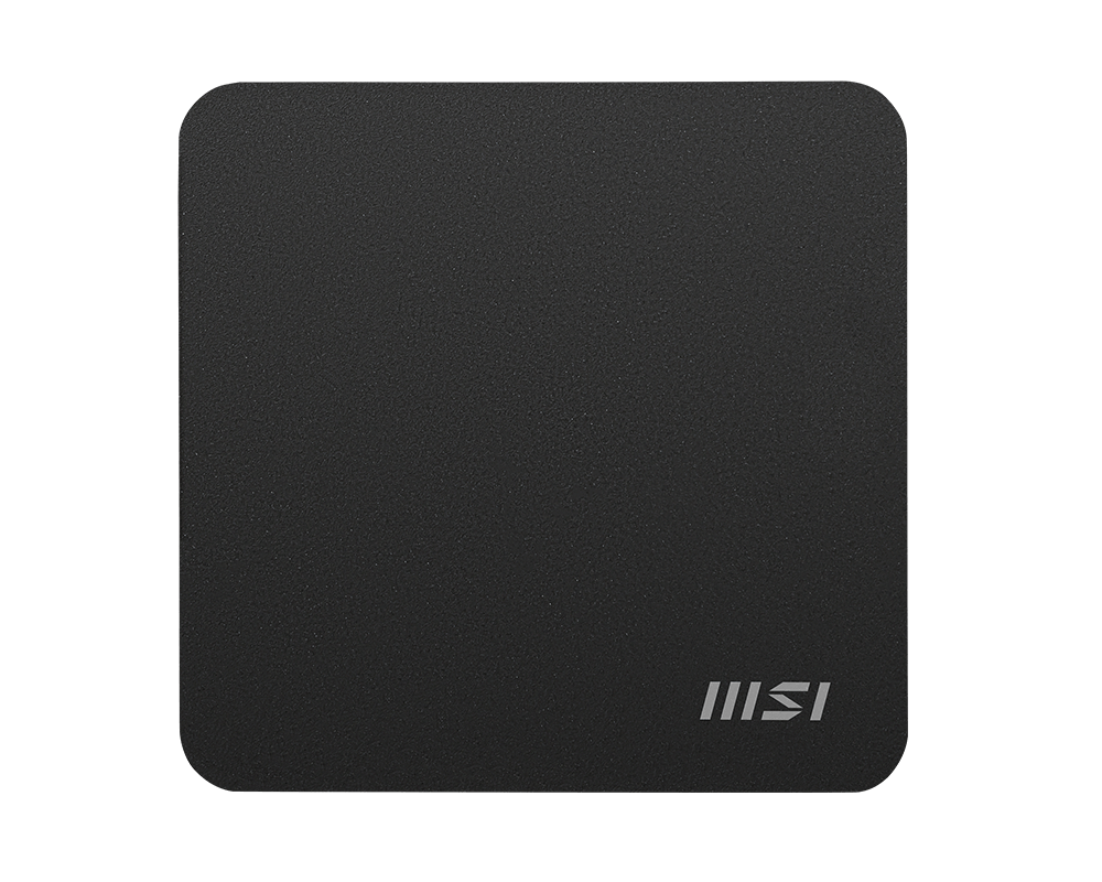 Ein flaches, quadratisches, schwarzes MSI-Mauspad mit einem hellgrauen MSI-Logo in der unteren rechten Ecke.