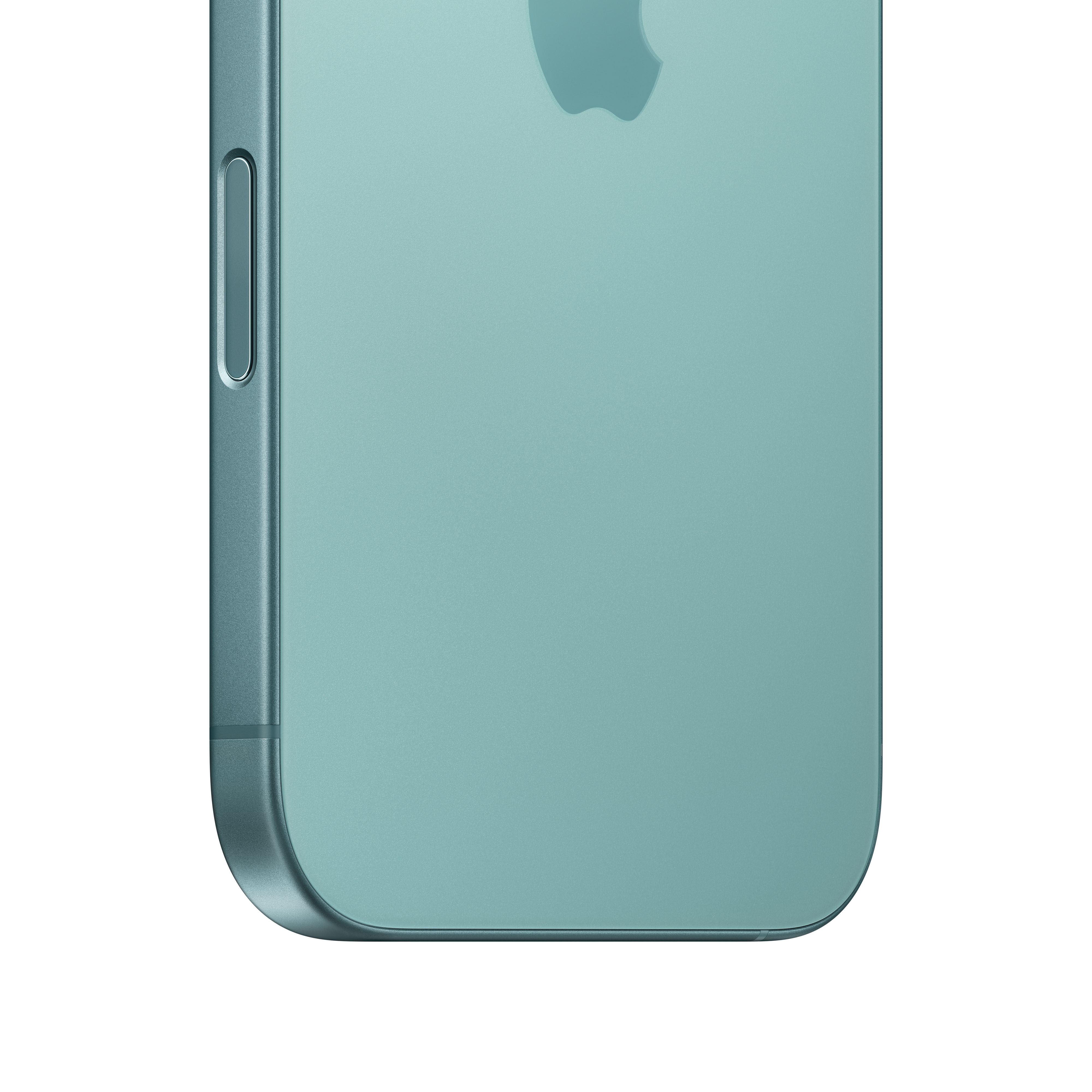 Primer plano del lateral de un iPhone turquesa, mostrando los botones de volumen y detalles de la cámara.