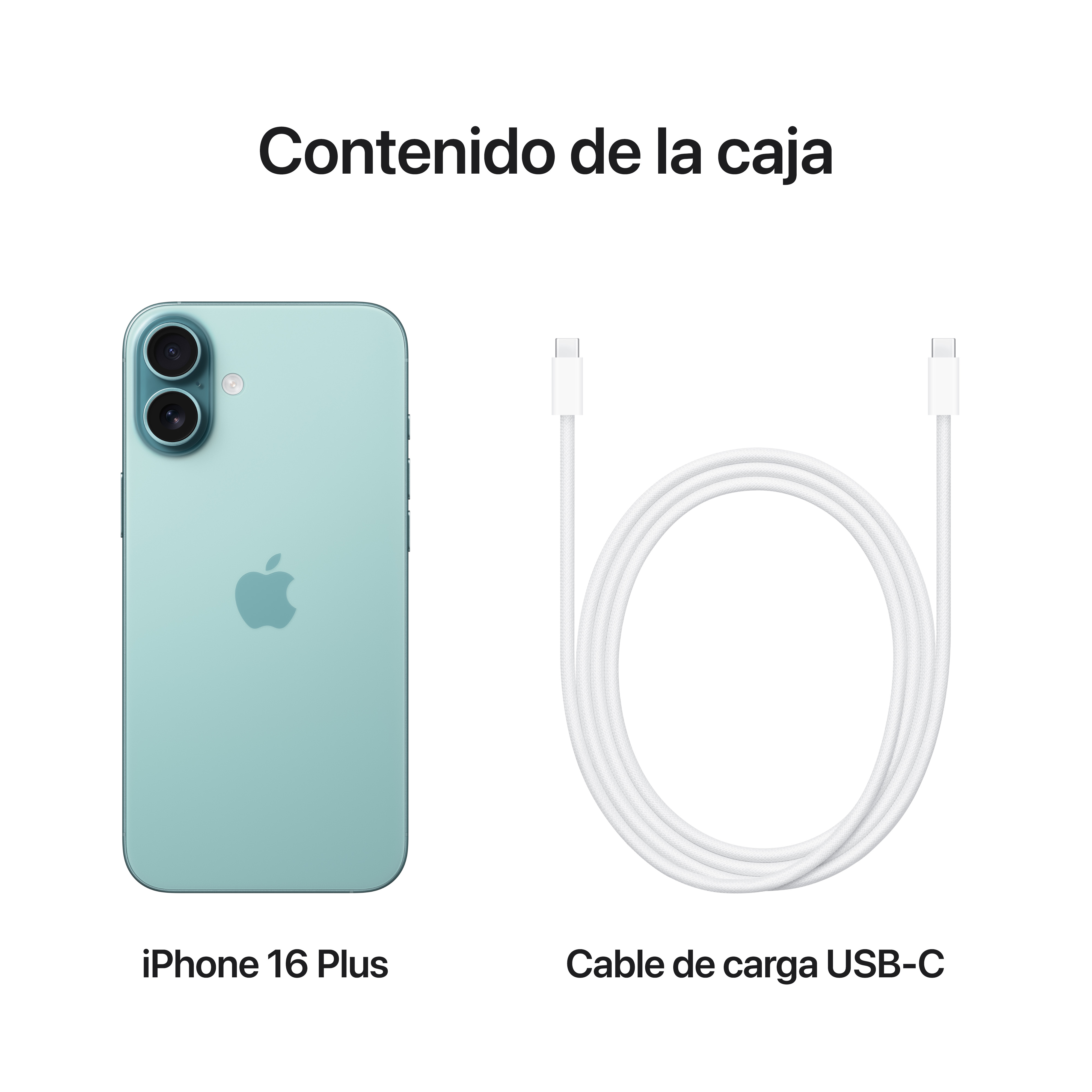 iPhone 16 Plus verde menta con cable de carga USB-C blanco sobre fondo blanco.